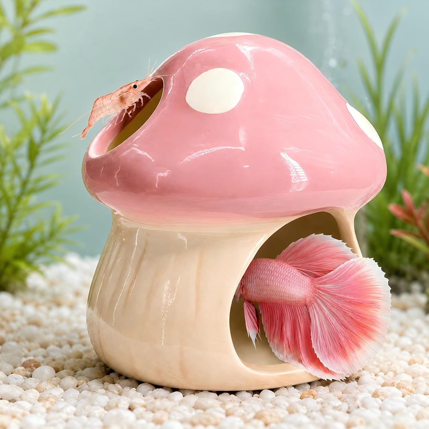 Potiera Ceramic Pink Mushroom Aquarium Decor Betta Fish Tank Accessories | Handmade Cute House Decorations, Hideout Cave Ornaments for Shrimp, Hermit Crab, Hamster, Small Fish, Reptile, Goldfish