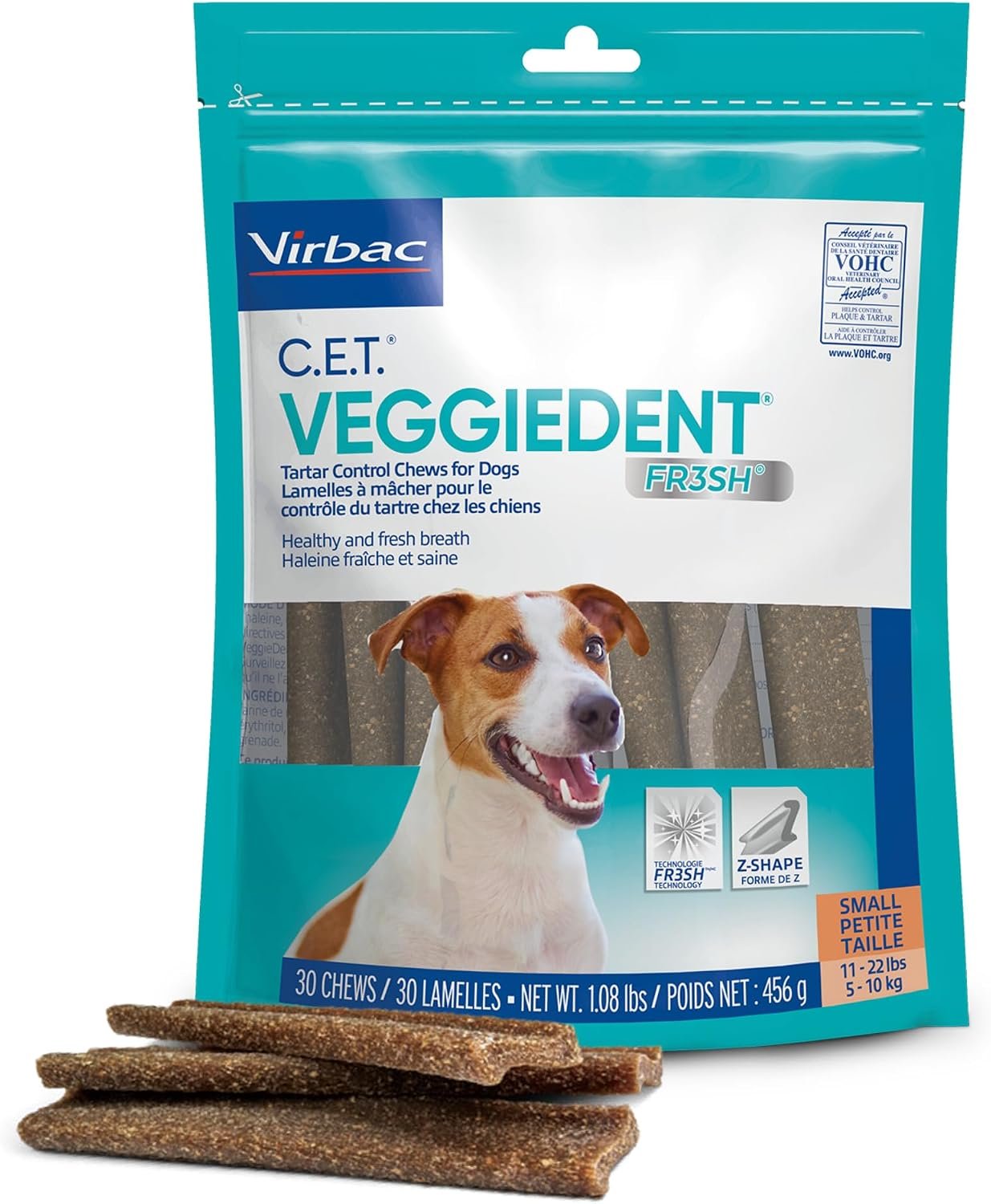 C.E.T. Veggiedent Fr3sh Plaque and Tartar Control Chews for Dogs, Small | Vet recommended dental chews, plant-based formula, supports canine digestive health, VOHC approved for plaque & tartar