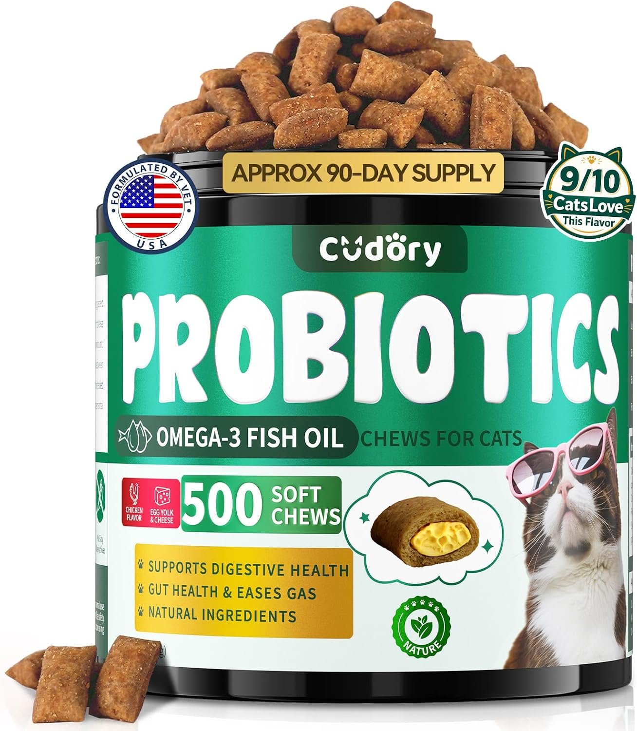 Cat Probiotic Chews for Digestive & Gut Support, 500 Count Crunchy & Creamy | Probiotics for Cats Treats with Omega 3 Fish Oil for Skin & Coat Health, Constipation Relief, Healthy Stool, Chicken Flavor