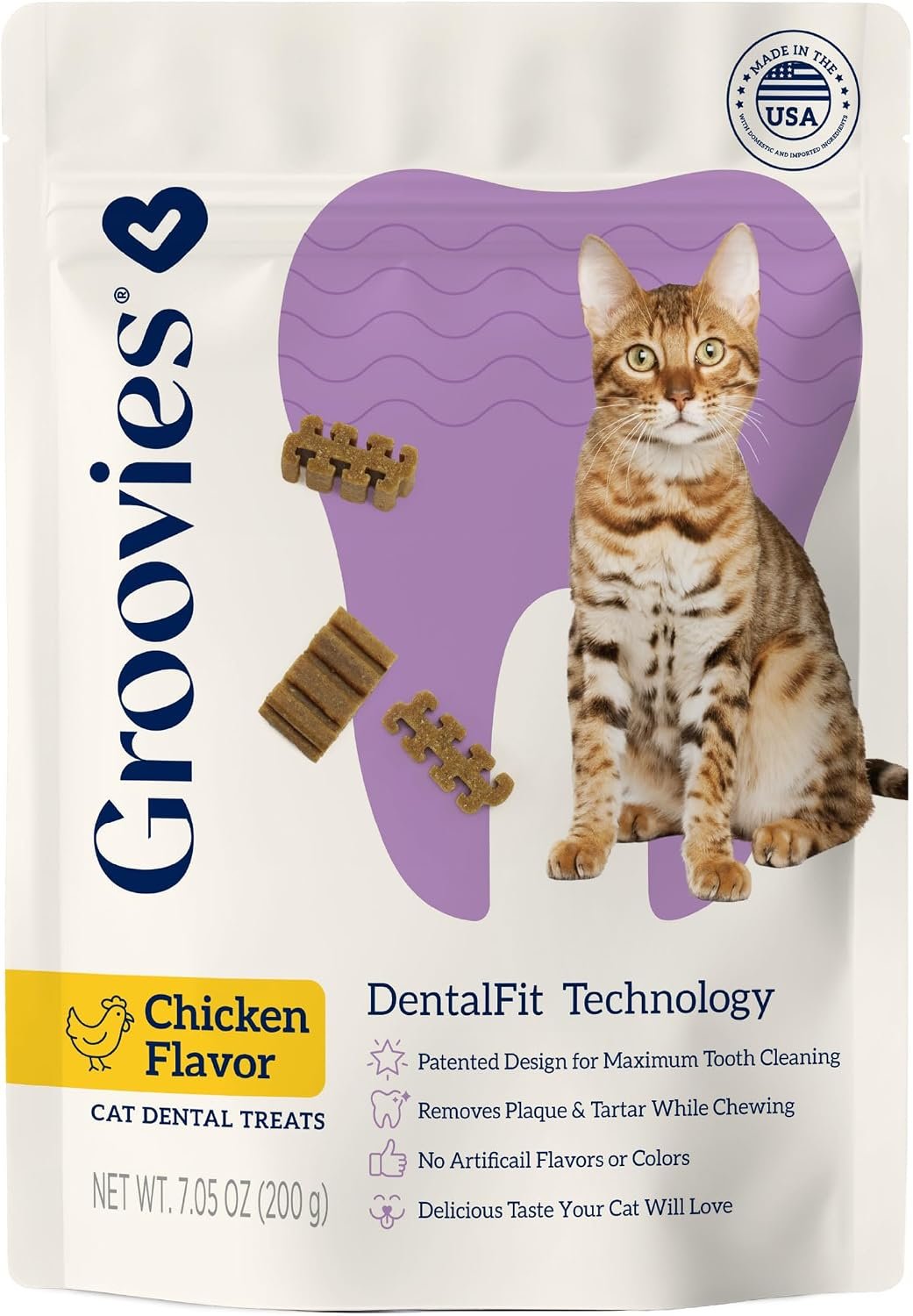 Groovies Cat Daily Dental Treats. Tasty, Crunchy Bites Cats Love. Chicken Flavor. Powered by USA-Patented DentalFit Technology. No Added Gluten, No Artificial Flavors or Colors. 7.05oz (460 Treats)