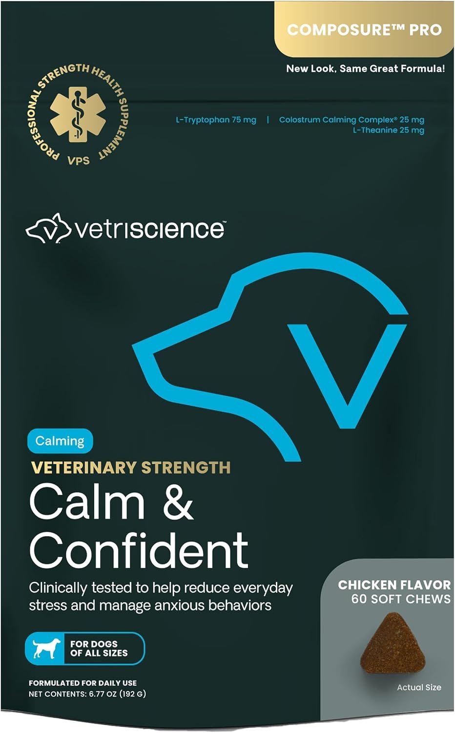 VetriScience Veterinary Strength Calm & Confident Chews – Stress Supplement for Pets – Supports Brain Function for Cats & Dogs – with L-Theanine, Thiamine & More – 60 Count