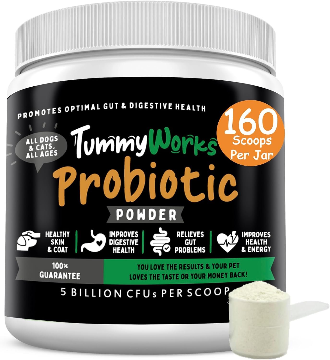 TummyWorks Probiotics for Dogs and Cats, Probiotic Powder for Gut Health | Digestive Health, Gut, Immune, Skin & Coat Support, 10 Strains, 5 Billion CFU, 6 Enzymes and Prebiotics, 160 Scoops, USA Made