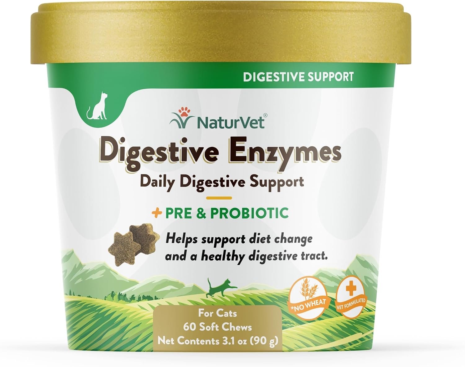 NaturVet Digestive Enzymes Daily Digestive Support for Cats – 60 Soft Chews | Pre & Probiotic Formula – Supports Diet Changes & a Healthy Digestive Tract