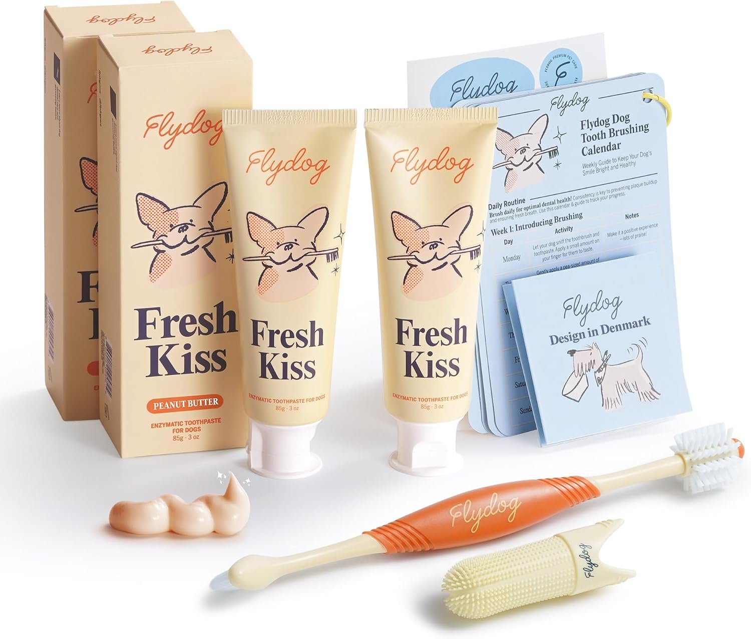 FlyDog Fresh Kiss Dog Tooth Brushing Kit – Vet Approved Formula, Enzymatic Dog Toothpaste and Brush – Breath Freshener & Tartar Remover, 360° Toothbrush & Finger Brush, Dental Guide, Peanut Butter