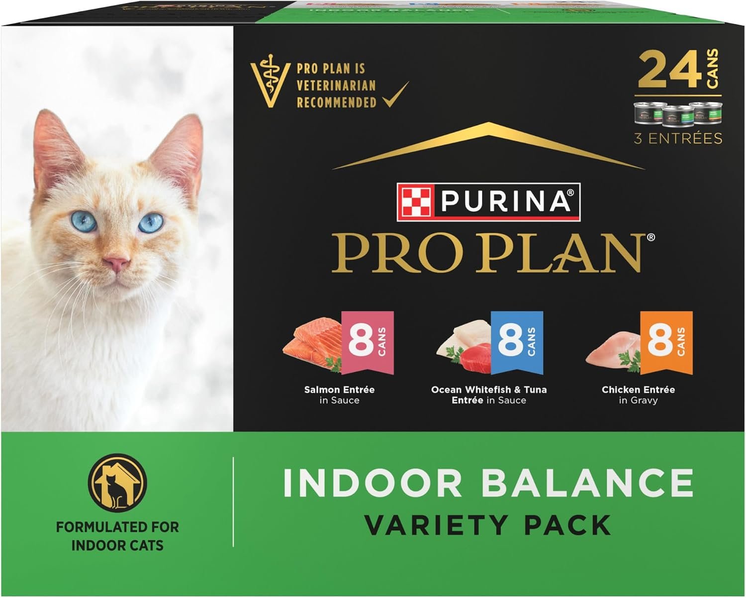 Purina Pro Plan Indoor Balance Chicken, Salmon, and Ocean Whitefish and Tuna Cat Food Wet Entrees Variety Pack – 24 ct. Can