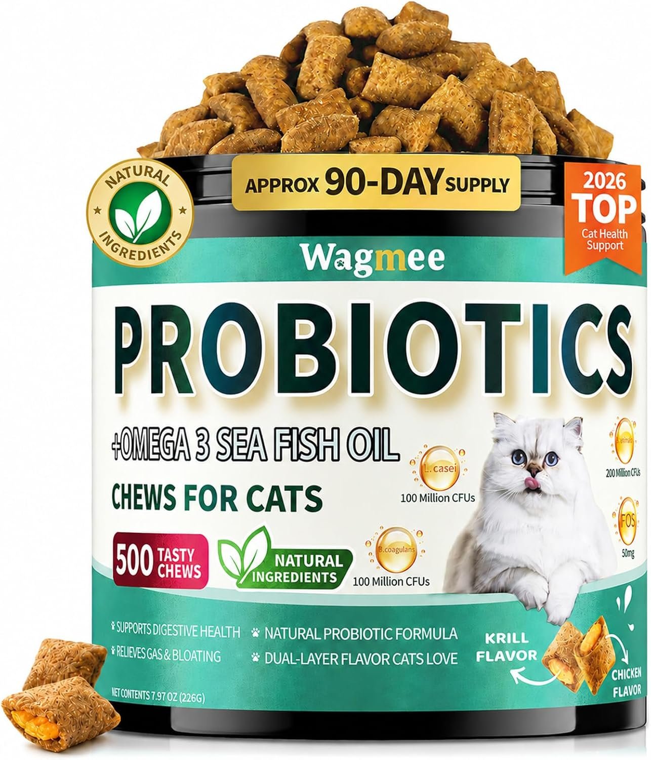 Cat Probiotics Chews 500 Count, Omega 3 Fish Oil Skin Coat Gut Support | Cat Probiotic Chews Crunchy Creamy with Fish Oil Omega 3 Support Digestion, Healthy Stool, Skin and Coat Wellness for Cat