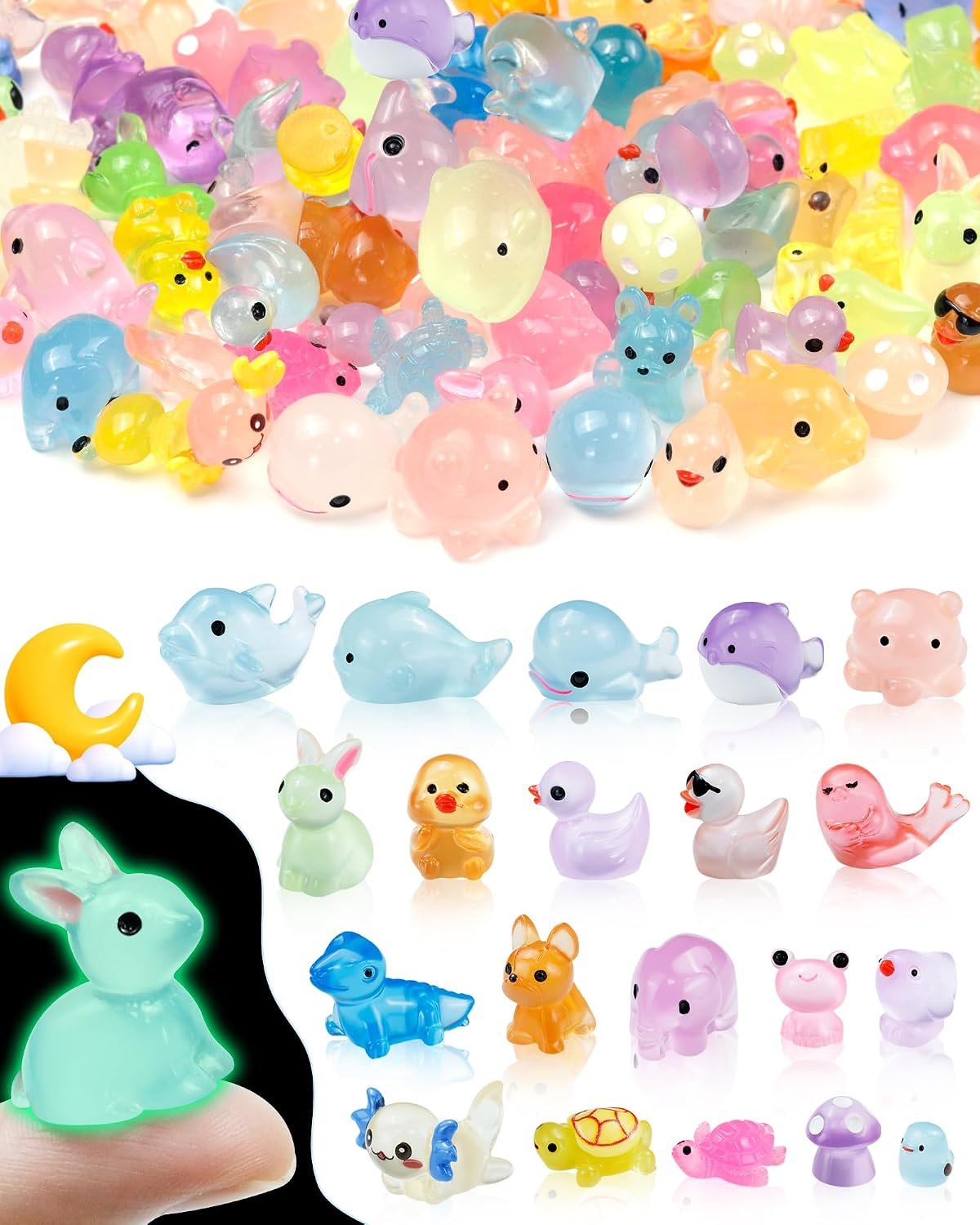FIVEIZERO 100PCS Luminous mini Resin Animals – 20 Styles Multiple Colors per Style Glow in The Dark Plastic Tiny Animals Figures for Dollhouse, Fairy Garden, Aquarium, Party Favors & DIY Craft Decor