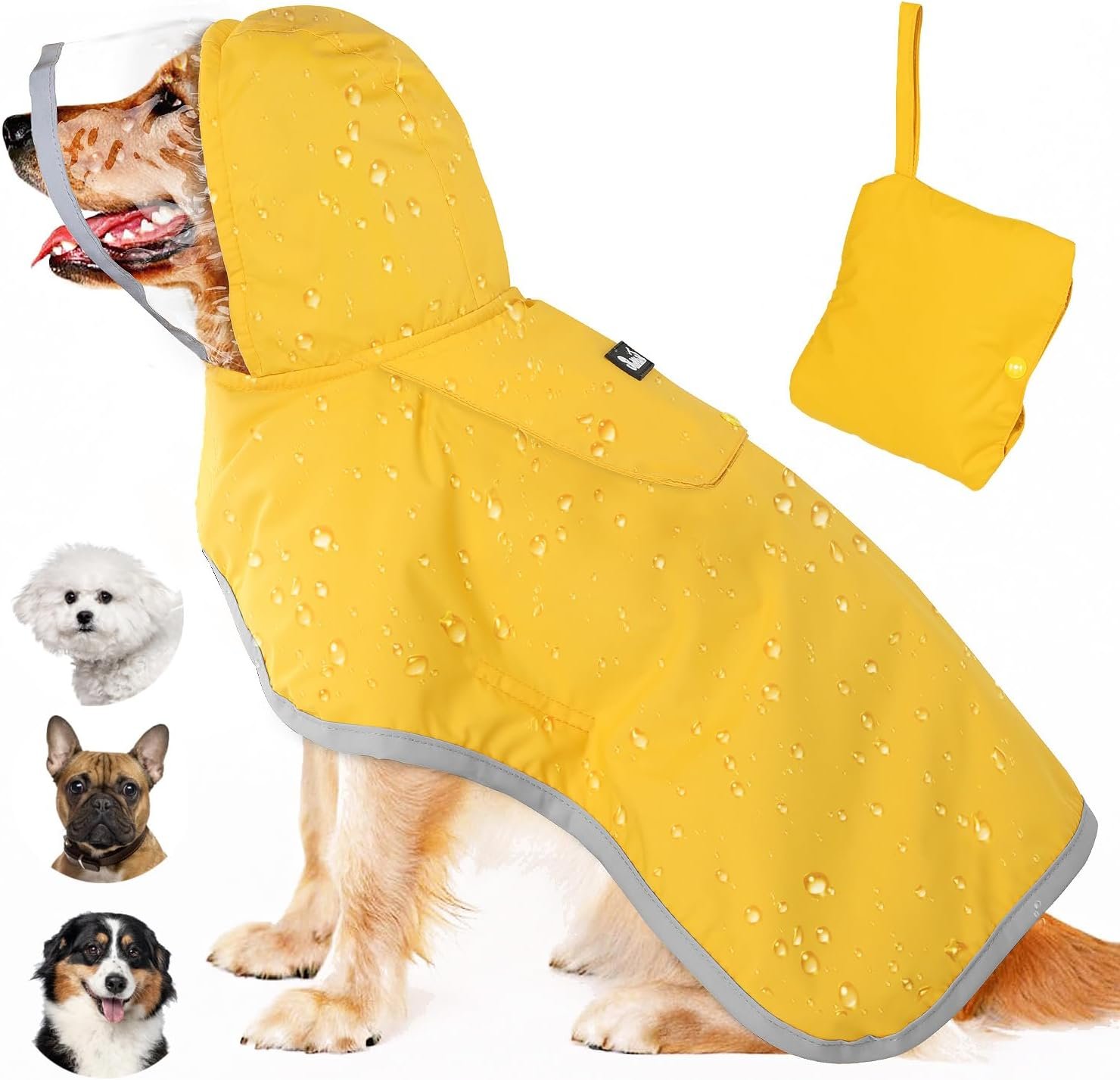 Lukovee Dog Raincoat, Waterproof Rain Jacket, Clear Hood & Reflective Rim | Easy On Off Adjustable Straps, Leash Hole, Soft Mesh Lining, Storage Pocket, Poncho for Small Medium Large Dogs (Yellow,M)