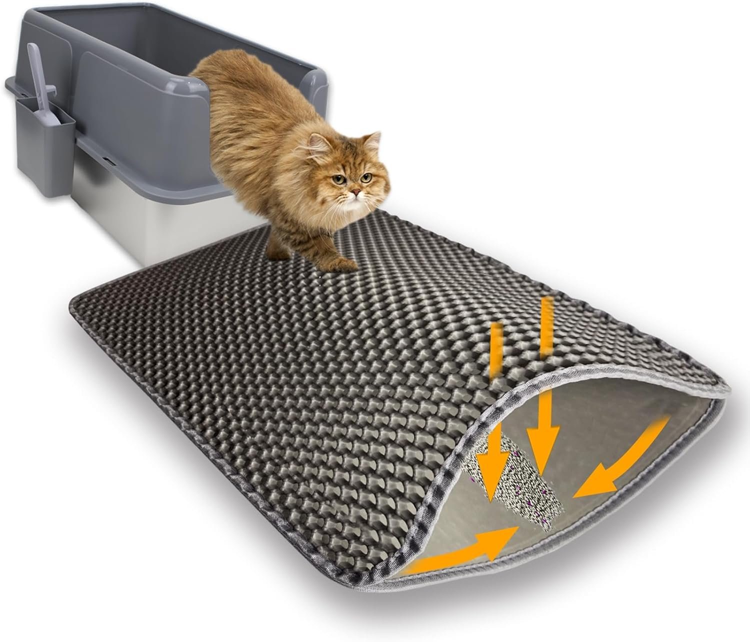 Cat Litter Box Mat,Double-Layer Honeycomb Litter Trap 30″x22″ Gray | Catches Scattered Particles to Stop Tracking,Waterproof Design Urineproof Base Protects Floors, Easy to Clean, Indoor Cats