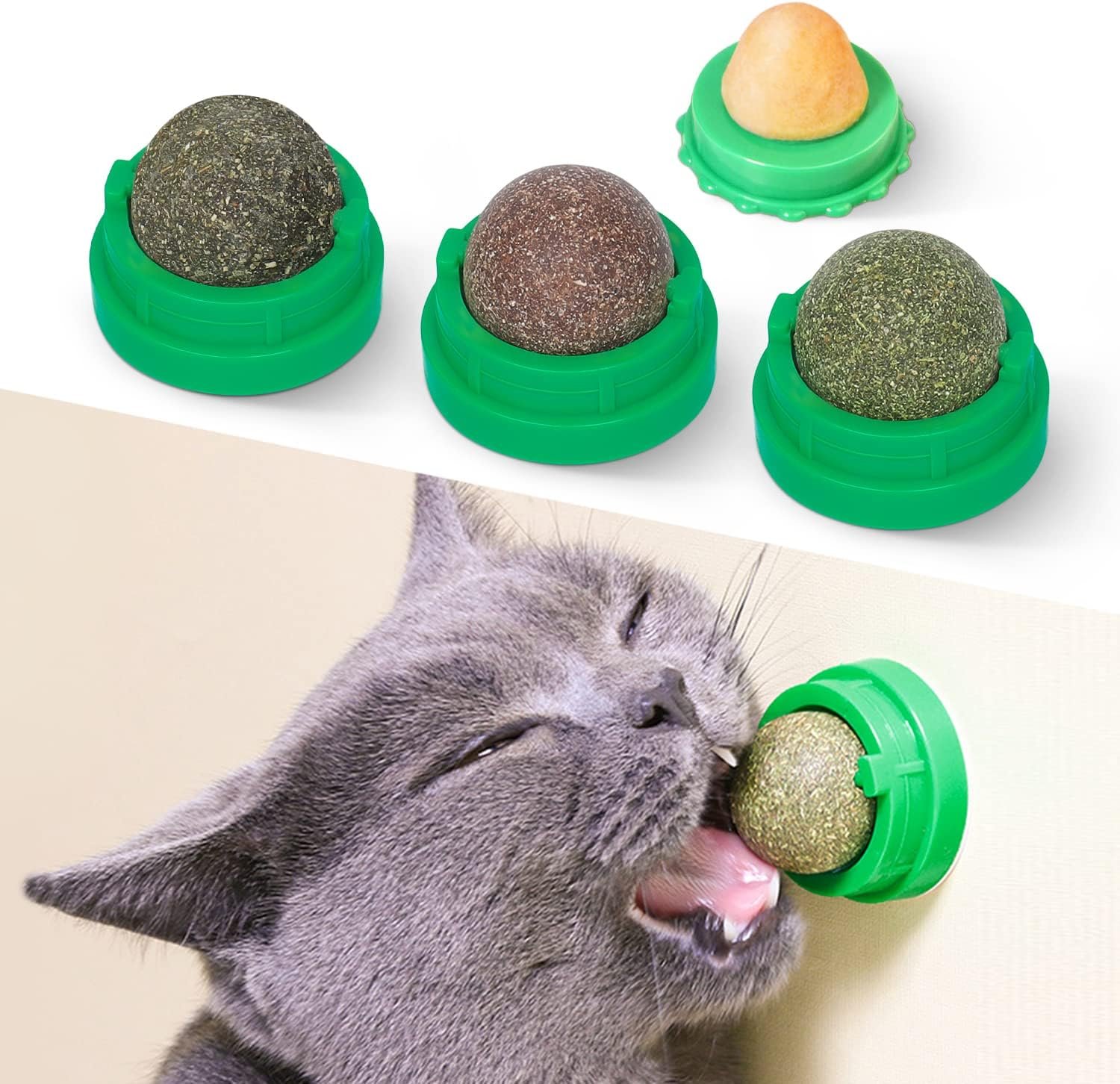 Potaroma Catnip Toys Balls 4 Pcs with Extra Cat Energy Ball | Edible Kitten Catnip Silvervine Toys for Cats Lick, Healthy Kitty Teeth Cleaning Dental Chew Toys, Cat Wall Treats (Green)