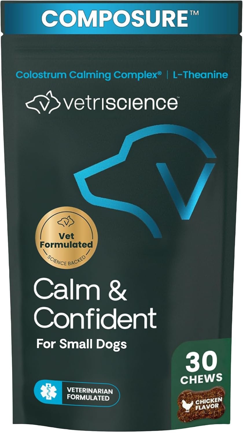 VetriScience Calm & Confident Chews, Composure Clinically Tested Calming and Anxiety Supplement for Small Dogs Under 30 lbs, Reduce Stress, Ideal for Thunderstorms and Fireworks, Chicken, 30 Count