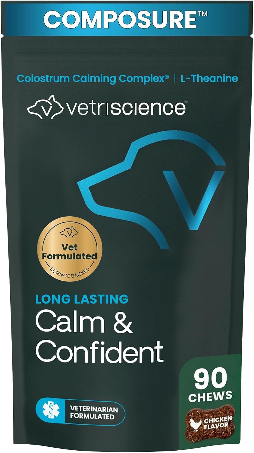 VetriScience Calm & Confident Chews, Composure Clinically Tested Calming and Anxiety Ashwagandha Supplement for Dogs, Stress Relief, Separation Anxiety, Behavior Support, Chicken, 90 Count