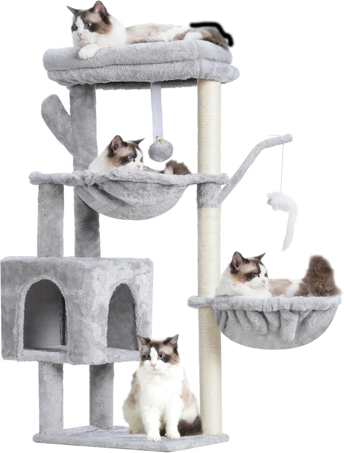 Heybly Cat Tree, 40″ Tower with All-Sisal Wrapped Scratching Post HCT006SW | Cat Tower for Indoor Cats, Cat Condo with Soft Platform, 2 Baskets and Dangling Toy, Light Gray