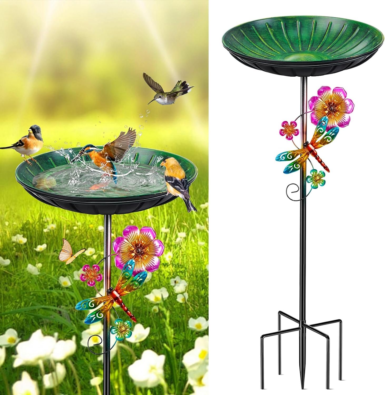 Metal Bird Bath for Outside, Removable Birdbath Feeder Bowl for Outdoors, Freestanding Bird Baths with Upgraded 5-Pronged Base for Garden Patio Yard Lawn Decor (Vintage Green)