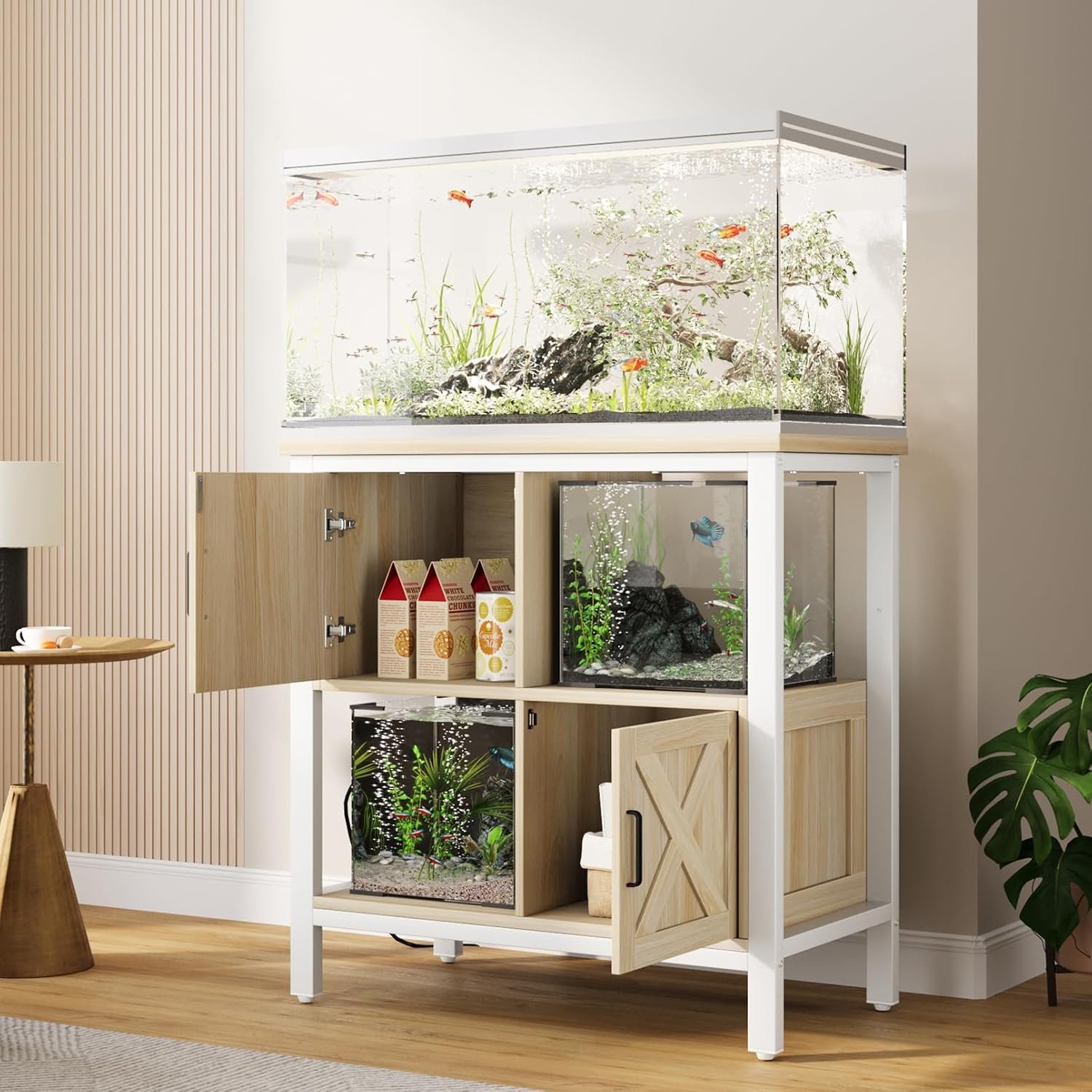 20-29 Gallon Fish Tank Stand with Power Outlet, Farmhouse Aquarium Stand with 2 Cabinets, 20 Gallon Fish Stand with 4 Adjustable Legs, 16.5″ L*30.7″ W Tabletop (White)