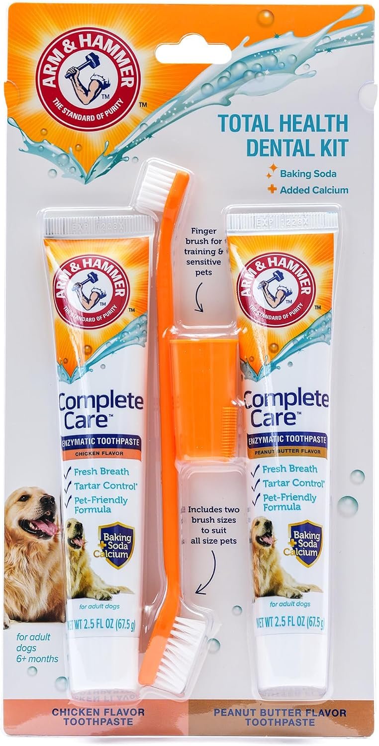 Arm & Hammer Complete Care Dog Dental Kit, 2 Flavors, 2.5 Oz Each | Includes chicken and peanut butter enzymatic toothpaste, toothbrush, and finger brush, baking soda daily