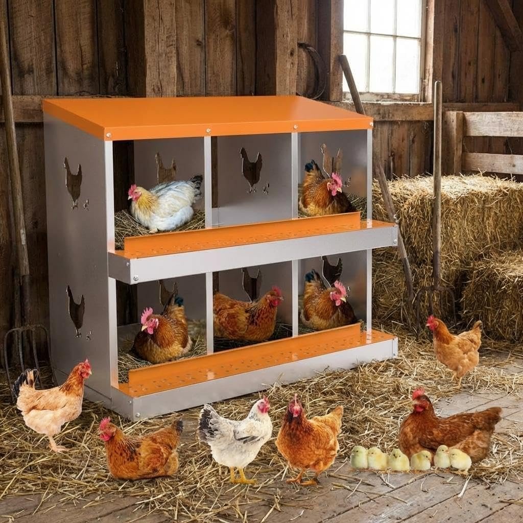Chicken Nesting Box, 6 Compartment Galvanized Steel Chicken Laying Boxes, Heavy Duty Rustproof Chicken Coop with Easy Egg Collection for Backyard Farms – Wall Mountable, Orange