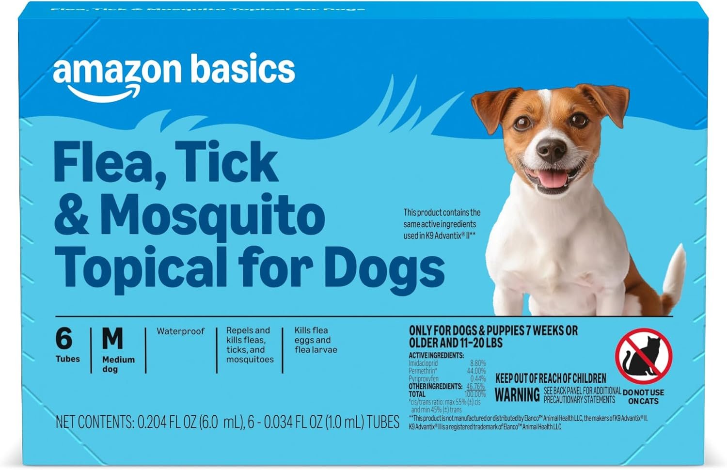 Amazon Basics Flea, Tick & Mosquito Topical Treatment & Prevention for Medium Dogs (11-20 pounds), Fast-Acting, Kills Fleas, Eggs & Larvae, 30 Day Protection, 6 Count, Packaging May Vary