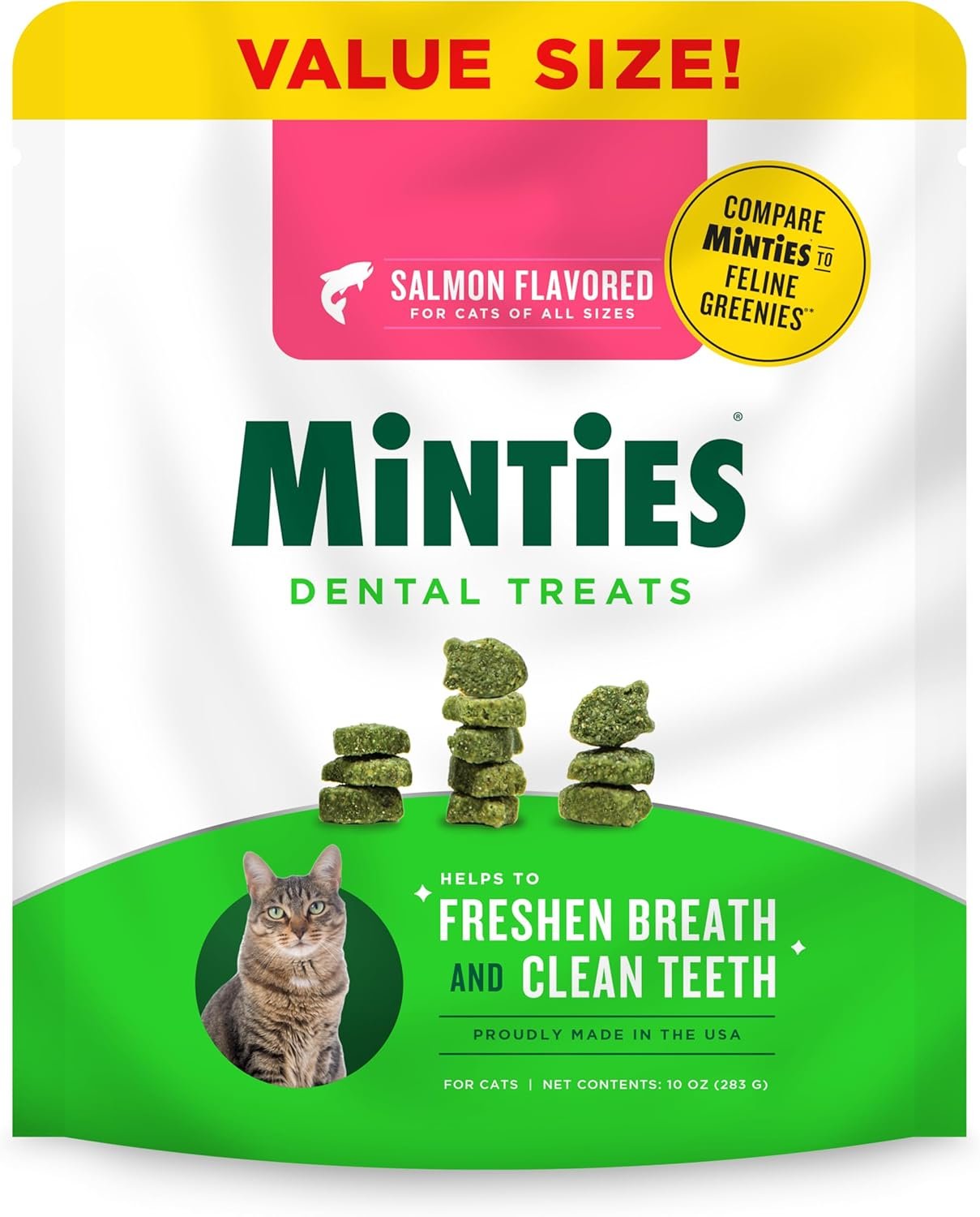 Minties Dental Treats for Cats, Salmon Flavored Cat Dental Treats, Freshens Breath and Controls Tartar, 10oz