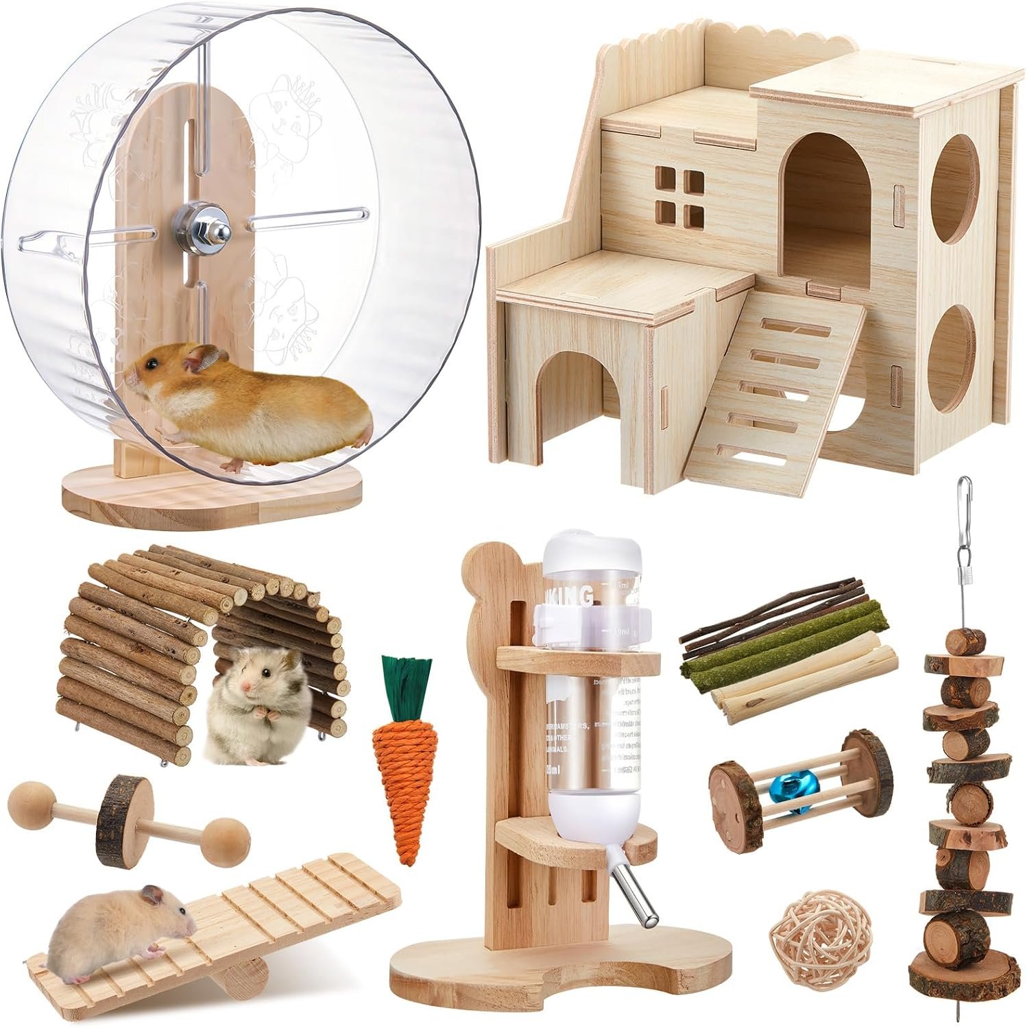 18 Pcs Hamster Cage Accessories Silent Hamster Wheel 15 Toys Set | Maze Wood House and Water Bottle Set for Rat Mice Small Animals Habitat Decor Enrichment Starters(Fun Interactive Style)