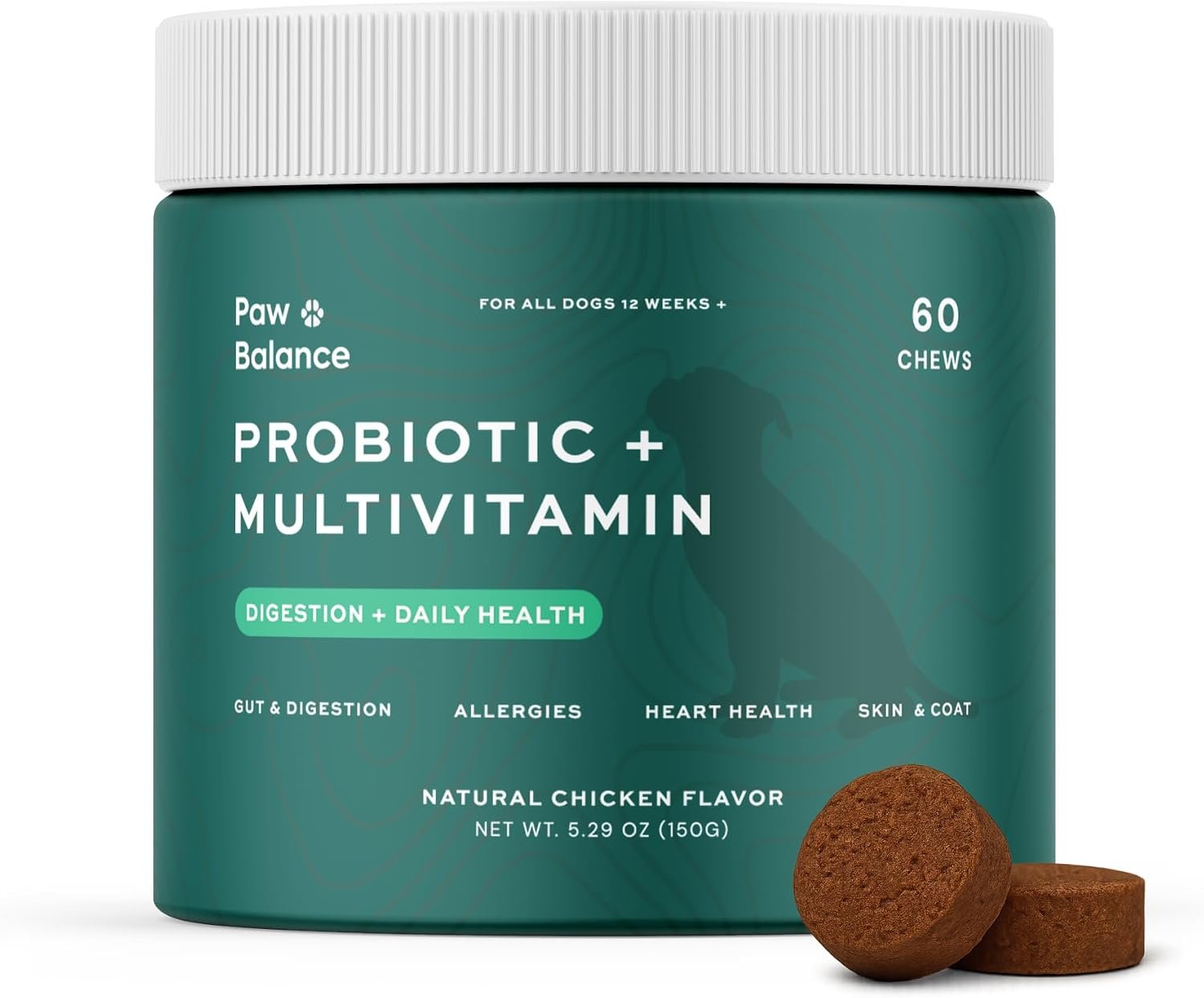 Dog Probiotics and Multivitamin Chews for Digestive Health, Immune Support, Gut Health, Allergy Support, Dog Vitamins, with Vitamin C, Omega 3, Colostrum, 60 Soft Chews per Jar