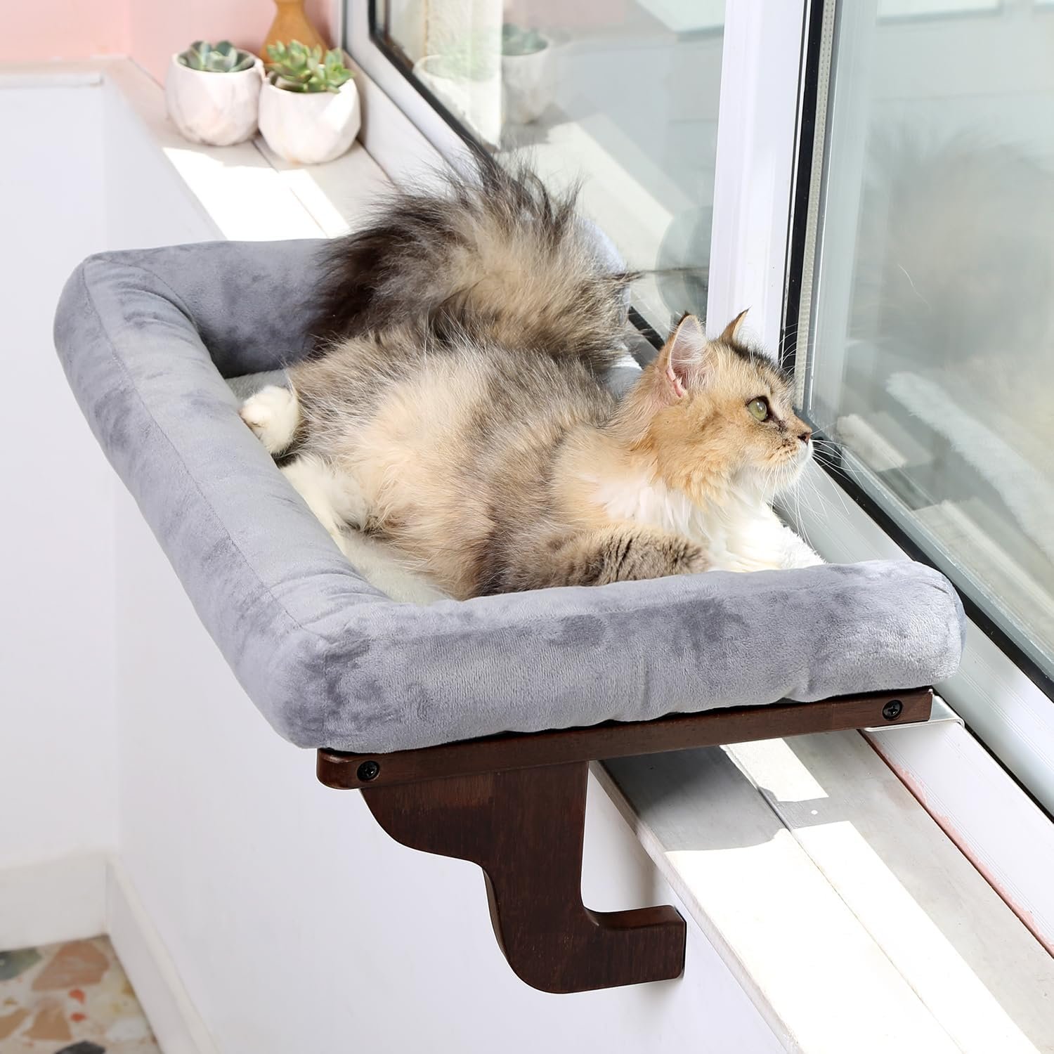 Zakkart Cat Perch for Window Sill with Bolster – Orthopedic Hammock Design with Premium Hardwood & Robust Metal Frame – Cat Window Seat for Large Cats and Kittens – Dark Stained Wood Gray Bed, 24”W