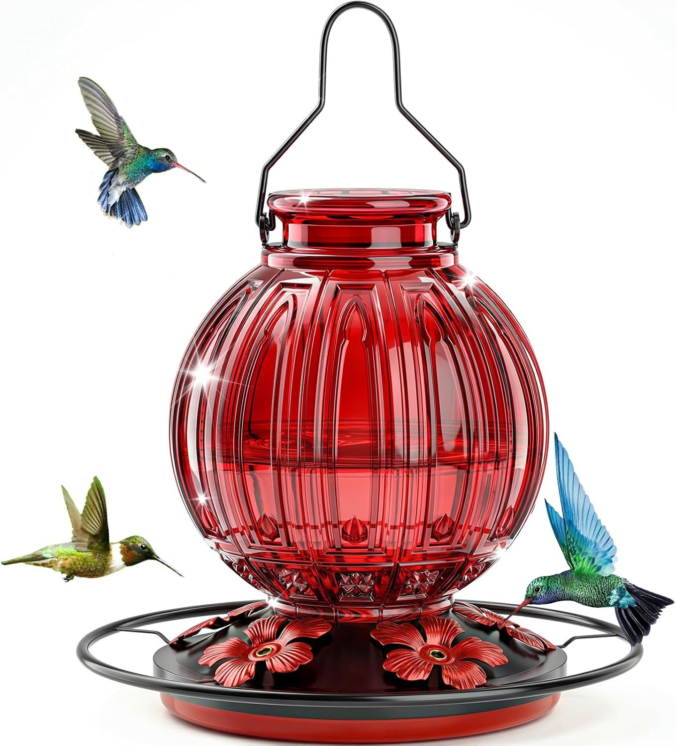 Glass Hummingbird Feeder for Outdoors Hanging, 26 fl oz Bird Nectar Feeder | 5 Metal Flower Feeding Ports, 360° Perch Ring, Easy Refill & Clean, Leakproof, Ideal for Backyard, Garden Outdoor Decor, Red