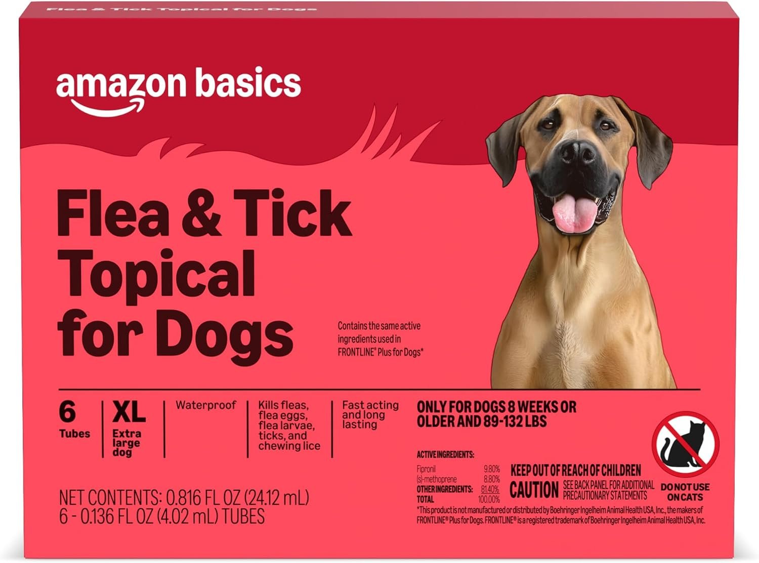 Amazon Basics Flea and Tick Topical Treatment and Prevention for Extra Large Dogs (89-132 lbs), Kills Fleas and Ticks, Waterproof, Monthly Application, 6 Count, Packaging May Vary