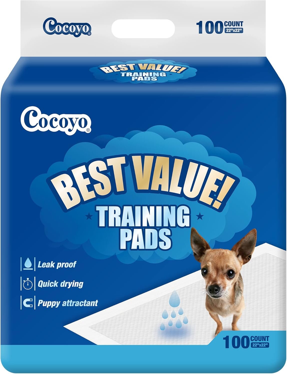 COCOYO Best Value Training Pads, 22″ x 22″, 100 Count, White & Blue Puppy Pads