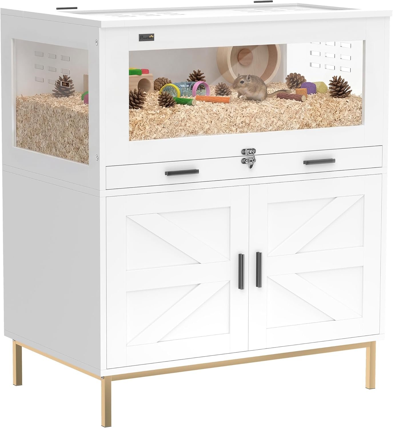 PawHut Hamster Cage with Storage Cabinet for Bunny Rat 30″ x 19.5″ x 36″ | Small Animal Cage, Pull Out Drawer, Acrylic Panels, Ventilated, Large Guinea Pig Habitat, for Hedgehog, Gerbil