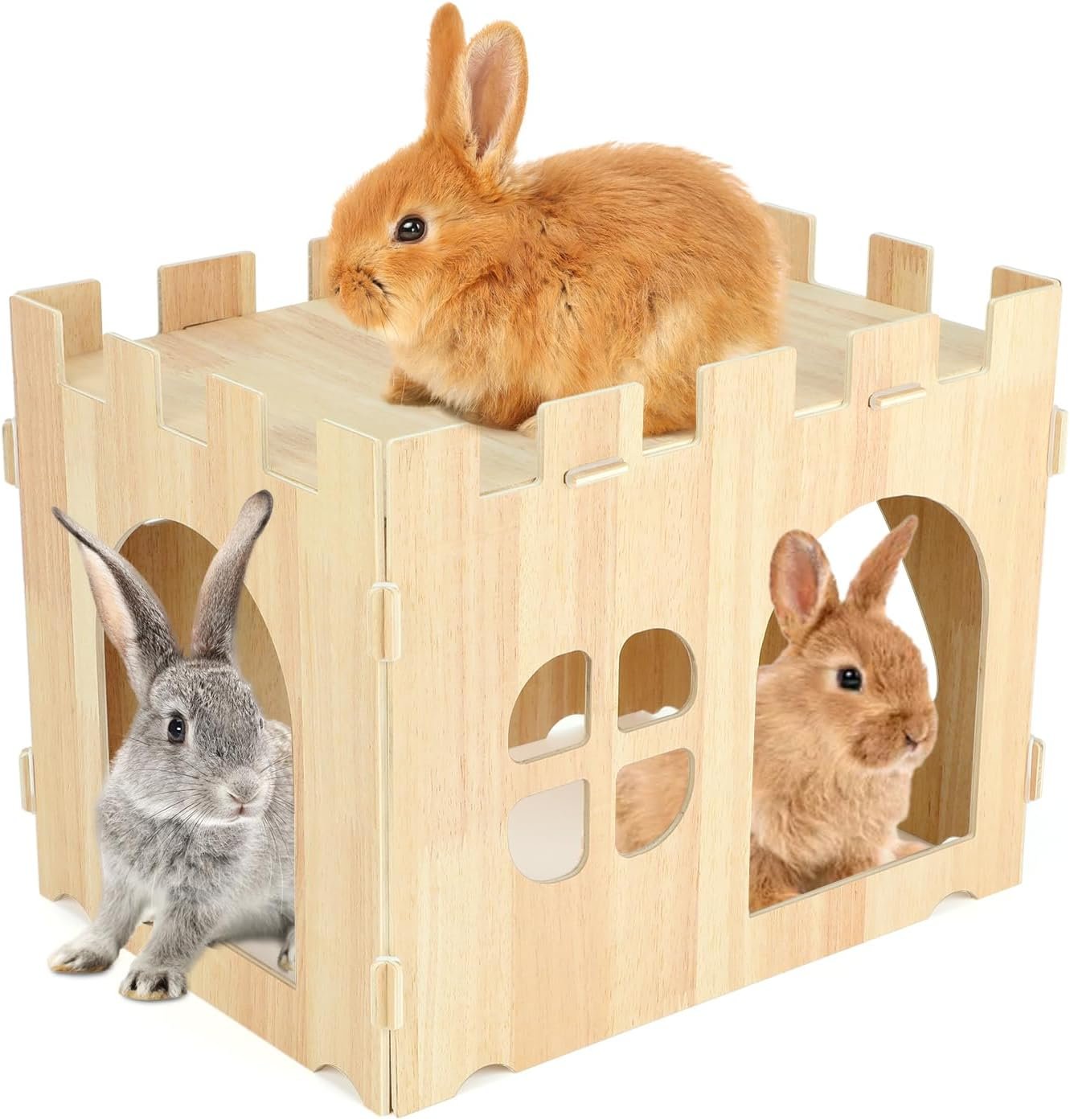 BWOGUE Large Wooden Bunny Hideout,Detachable Rabbit Castle for Small Animal | Wooden Rabbit Hideout, Wooden Rabbit Hideaway, Bunny Houses and Hideouts, Two Doors, 2-Story Play & Rest, Indoor Rabbit