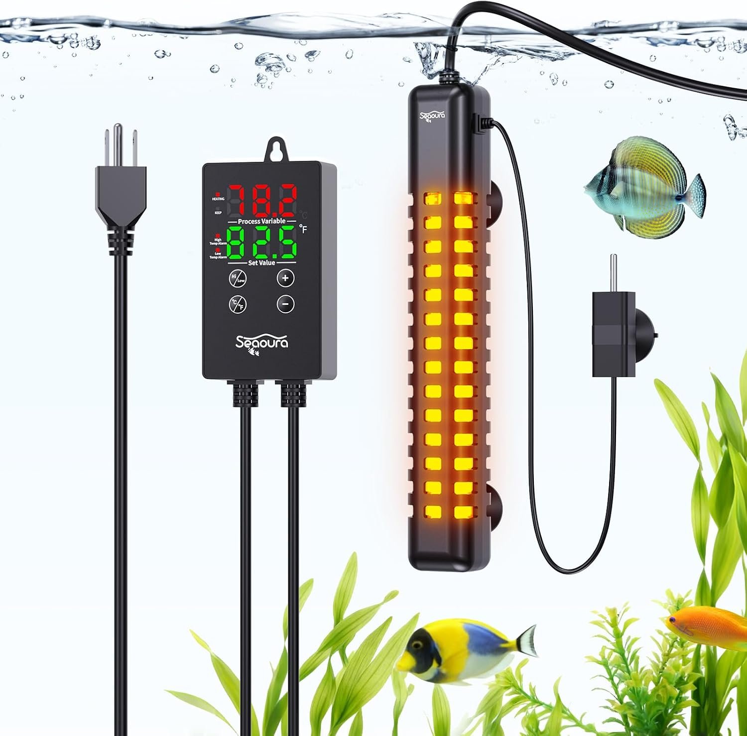 SEAOURA 300W Aquarium Heater for 50-60 Gallon Fish Turtle Tank Thermostat | Adjustable Max & Min Temperature Protection, 10.4 IN Submersible Heater Auto Power-Off External Controller Salt/Freshwater