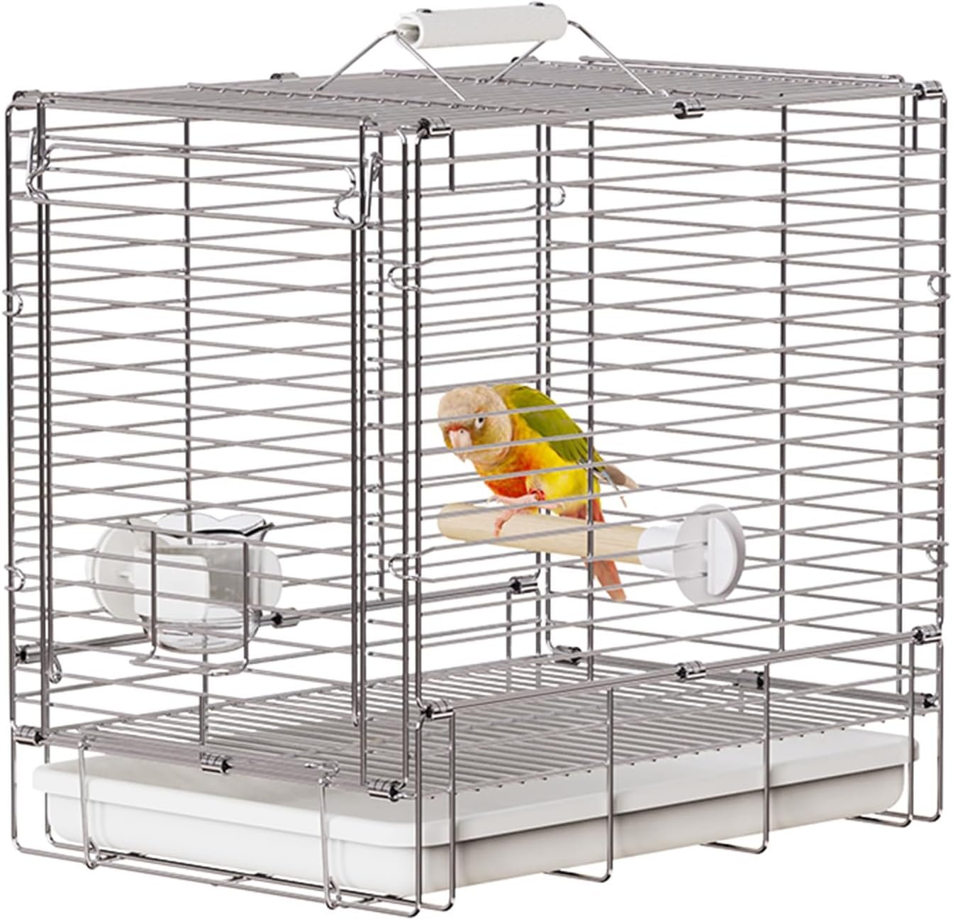 Bird Carrier Travel Cage – 304 Stainless Steel Portable Folding Bird Travel Cage with Parrot Feeder Cups & Standing Perch for Smaller Birds Conures Lovebird Cockatiel Parakeets (White) | 304 Stainless Steel, Portable Folding, Parrot Feeder Cups & Standing Perch