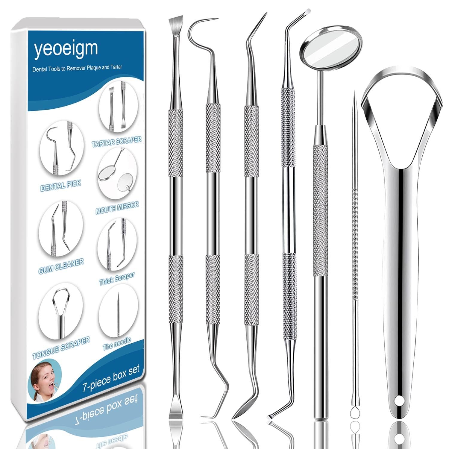 7pcs Dental Tools, Dental Pick Teeth Cleaning Tools Hygiene Kit | Professional Stainless Steel Tooth Scraper Plaque Tartar Cleaner – with Case, Personal Using, Pets – Teeth Cleaning Kit