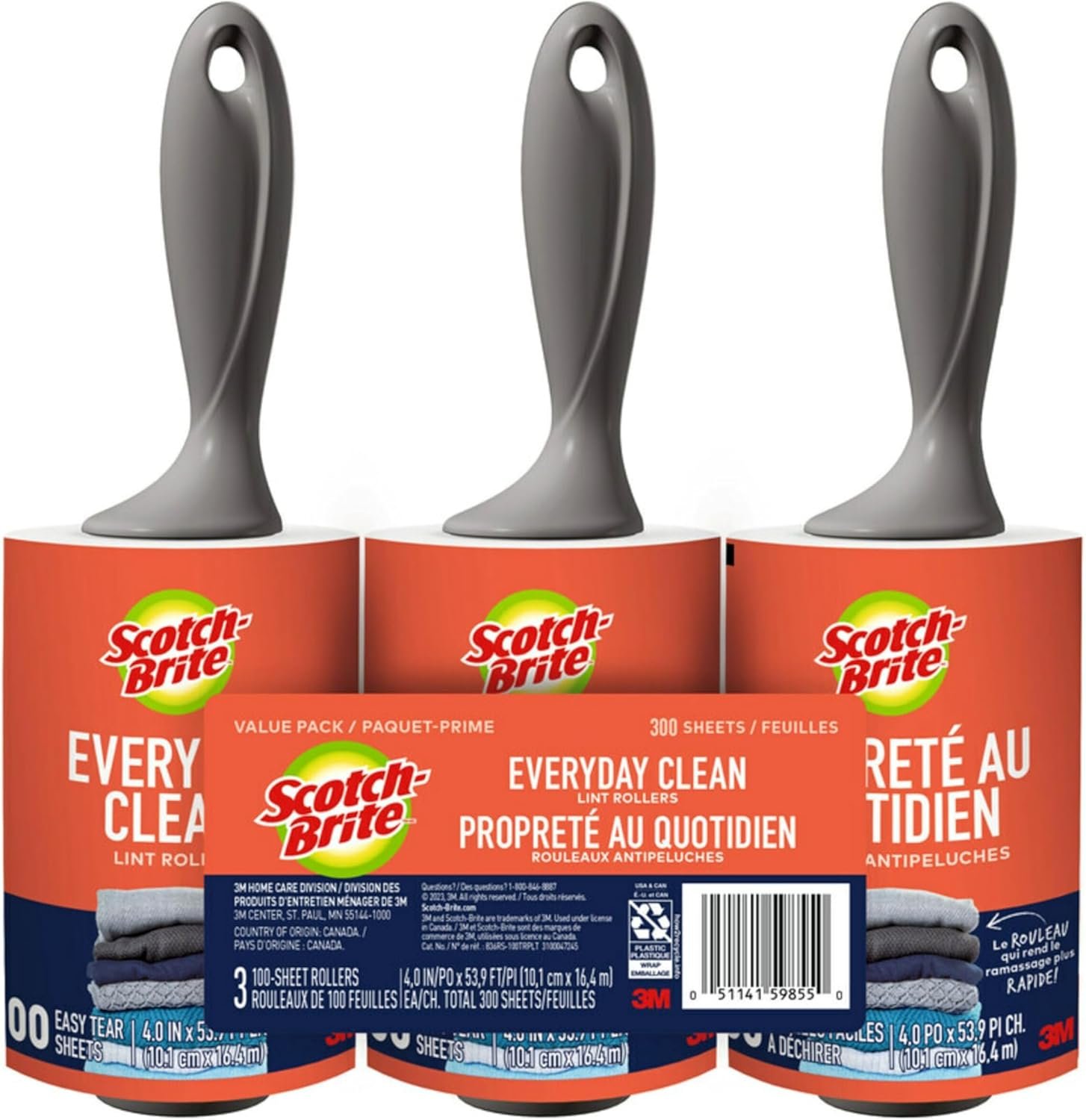 Scotch-Brite Everyday Clean Lint Roller Combo Pack, Plenty of Lint Rollers for Clothes, Pet Hair, Furniture, Cars, and More, 100 Sheets Each, 3 Pack, 300 Sheets Total