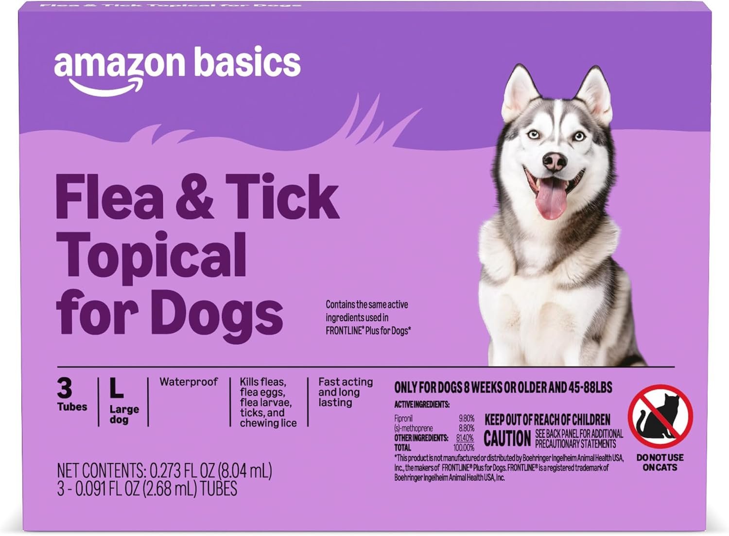 Amazon Basics Flea and Tick Topical Treatment and Prevention for Large Dogs (45-88 lbs), Fast Acting and Long Lasting, 3 Count, Packaging May Vary