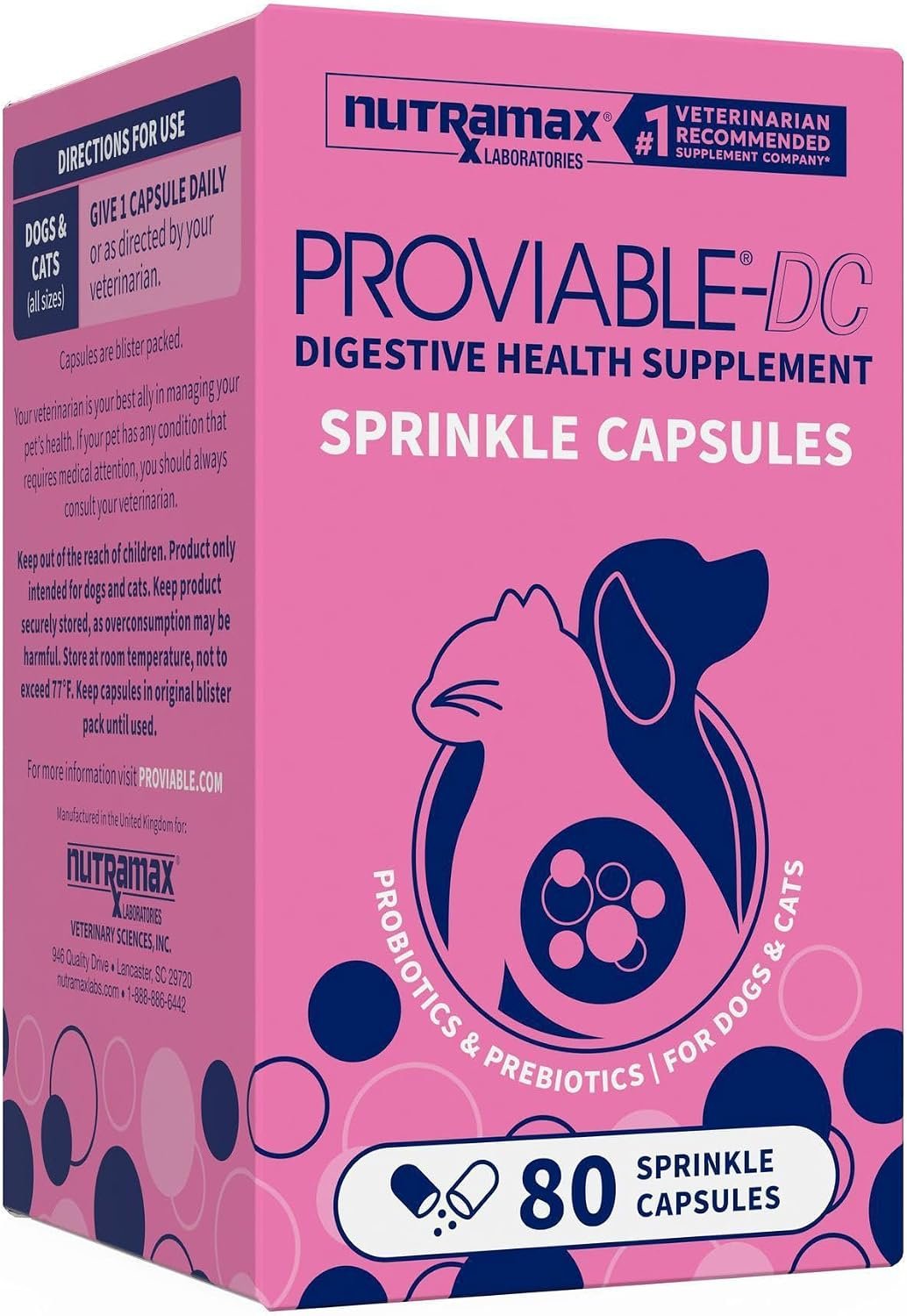 Nutramax Proviable Probiotics + Prebiotics, for Dogs & Cats, Capsules, 80ct | Probiotics and Prebiotics for Cats and Dogs, Daily Gut Health Support Supplement, Multiple Strains, Sprinkle on Food