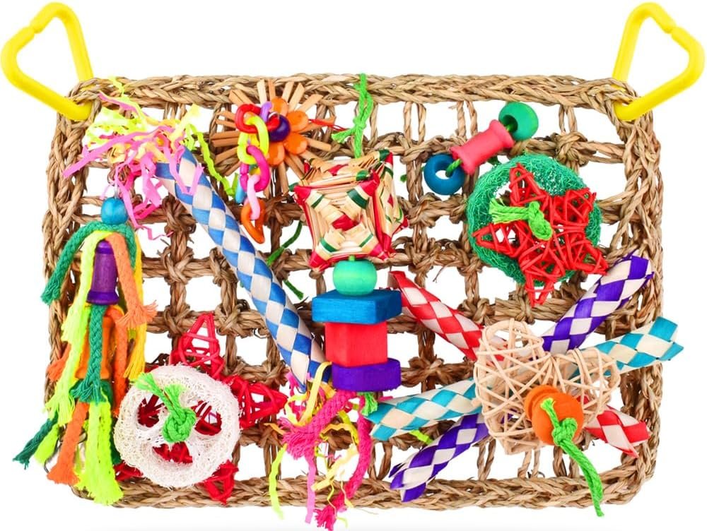 KATUMO Bird Toys, Large Bird Foraging Wall Toy, Woven Climbing Hammock Mat | Natural Grass Mat, Edible Seagrass, Colorful Chewing Toys, Suitable for Lovebirds, Finch, Parakeet, Budgie, Conure, Cockatiel