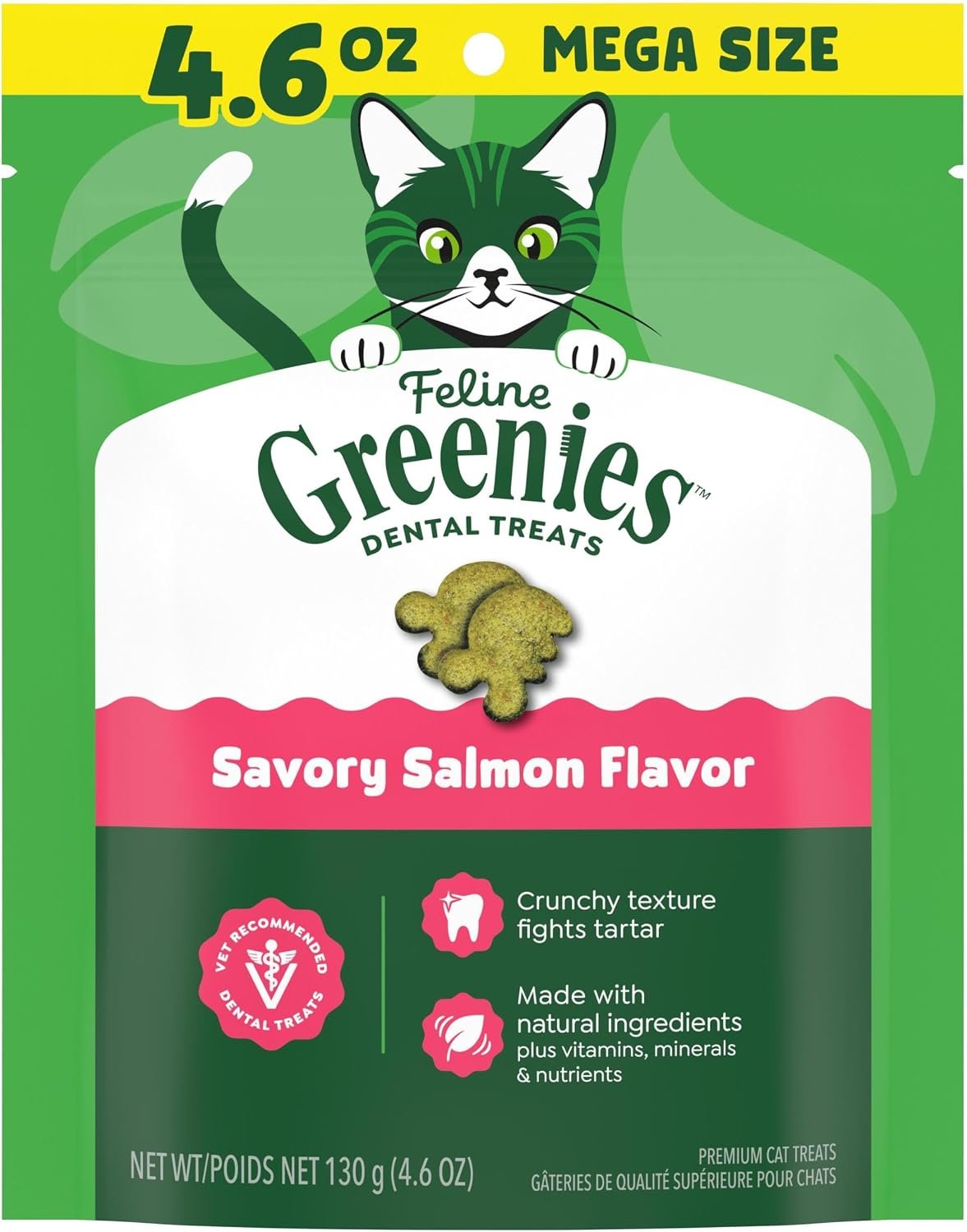 Greenies Feline Natural Crunchy Dental Cat Treats, Salmon Flavor, 4.6 oz | #1 vet-recommended, clinically-proven oral care, cleans teeth and freshens breath, cleans to gumline, natural ingredients