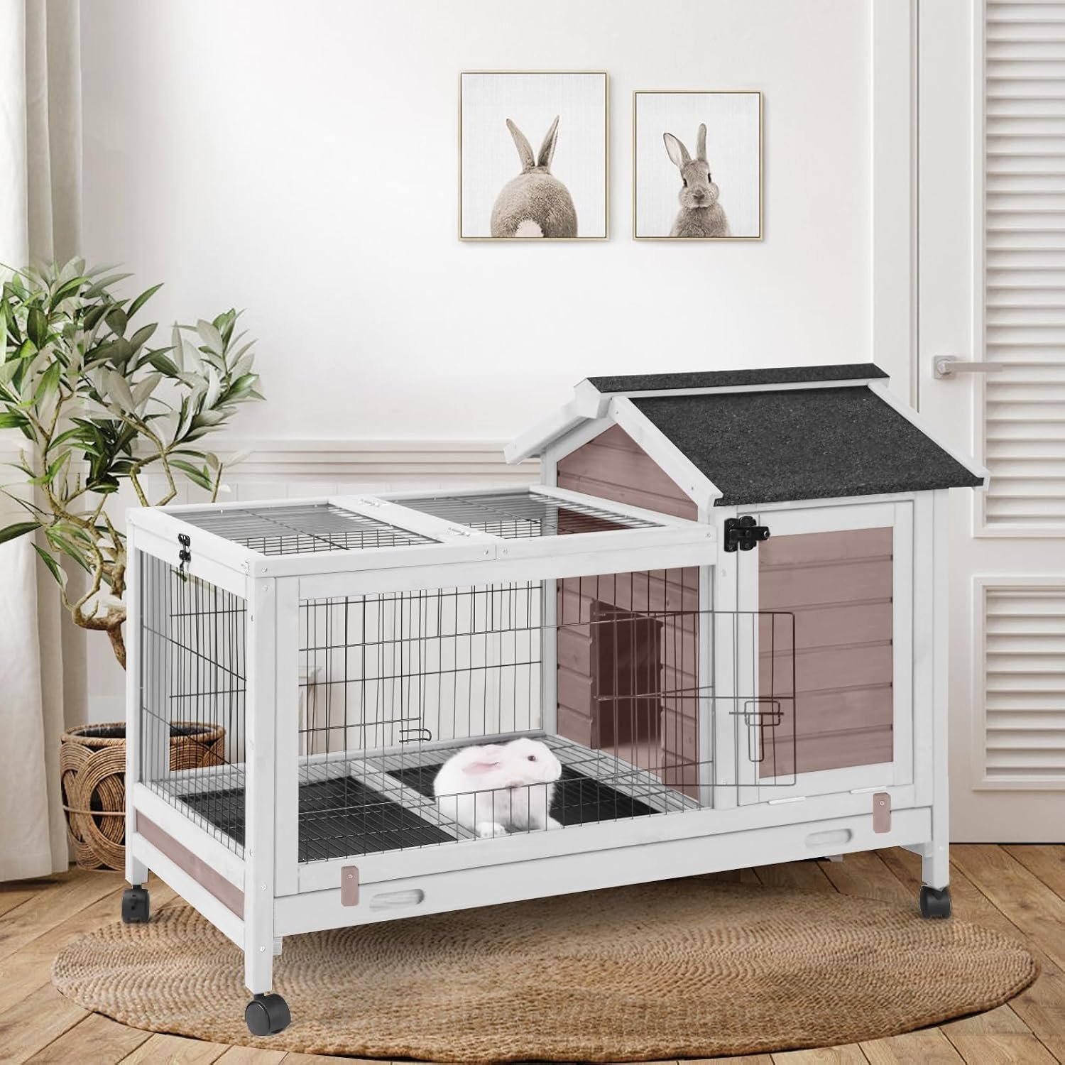 GUTINNEEN Large Mobile Rabbit Hutch Indoor Outdoor with Wheels, Deep Leak-Proof Pull-Out Tray & Wire Mesh, Waterproof Asphalt Roof Small Animal Cage with Openable Roof for Rabbits & Guinea Pigs