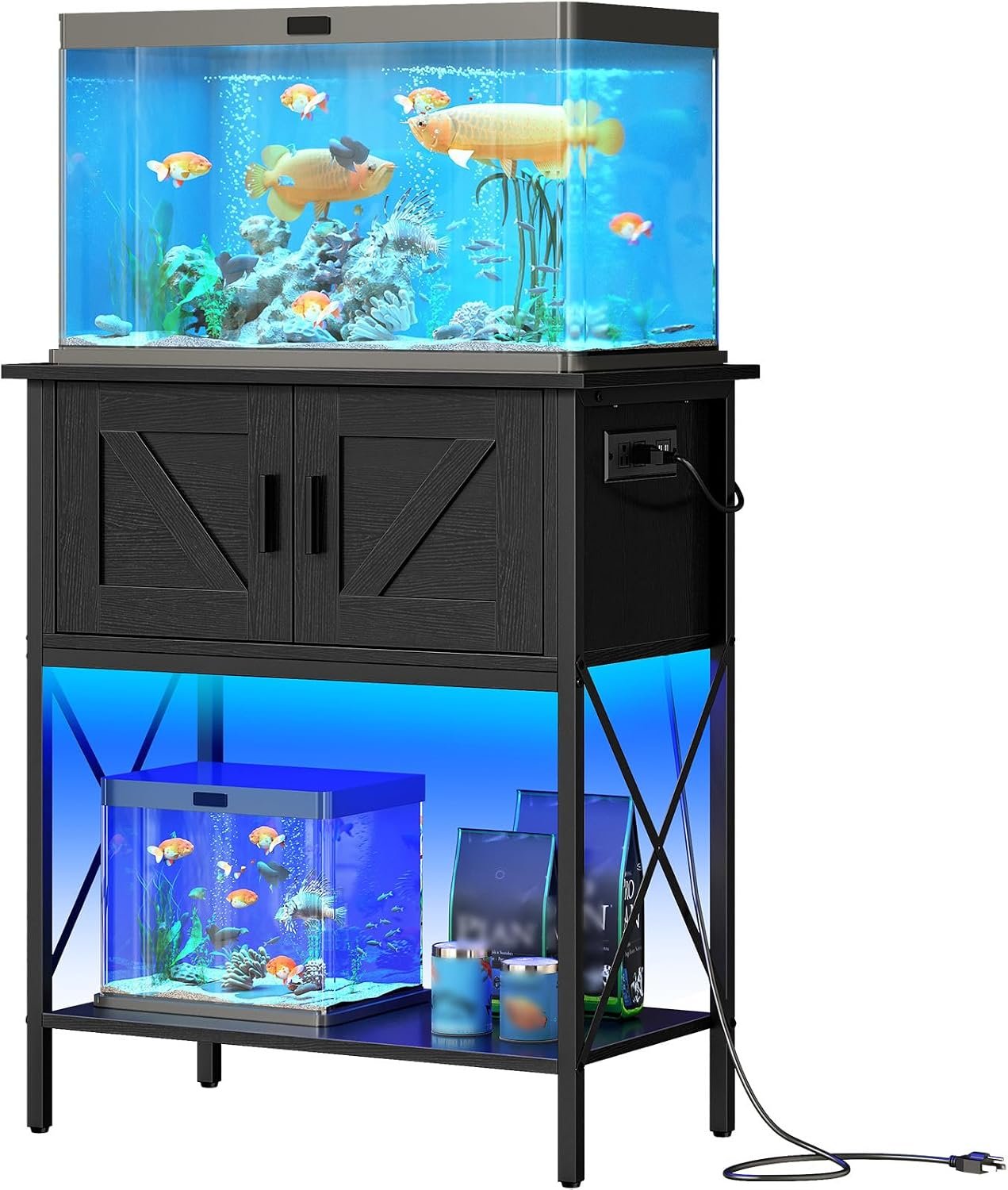 HOOBRO 20 Gallon Fish Tank Stand with Power Outlets and LED Light, Metal Frame Aquarium Stand, Reptile, Turtle Tank Stand with Cabinet Storage, 27.6” L x 15.7” W, 300 LBS Capacity, Black BB40UDFT01