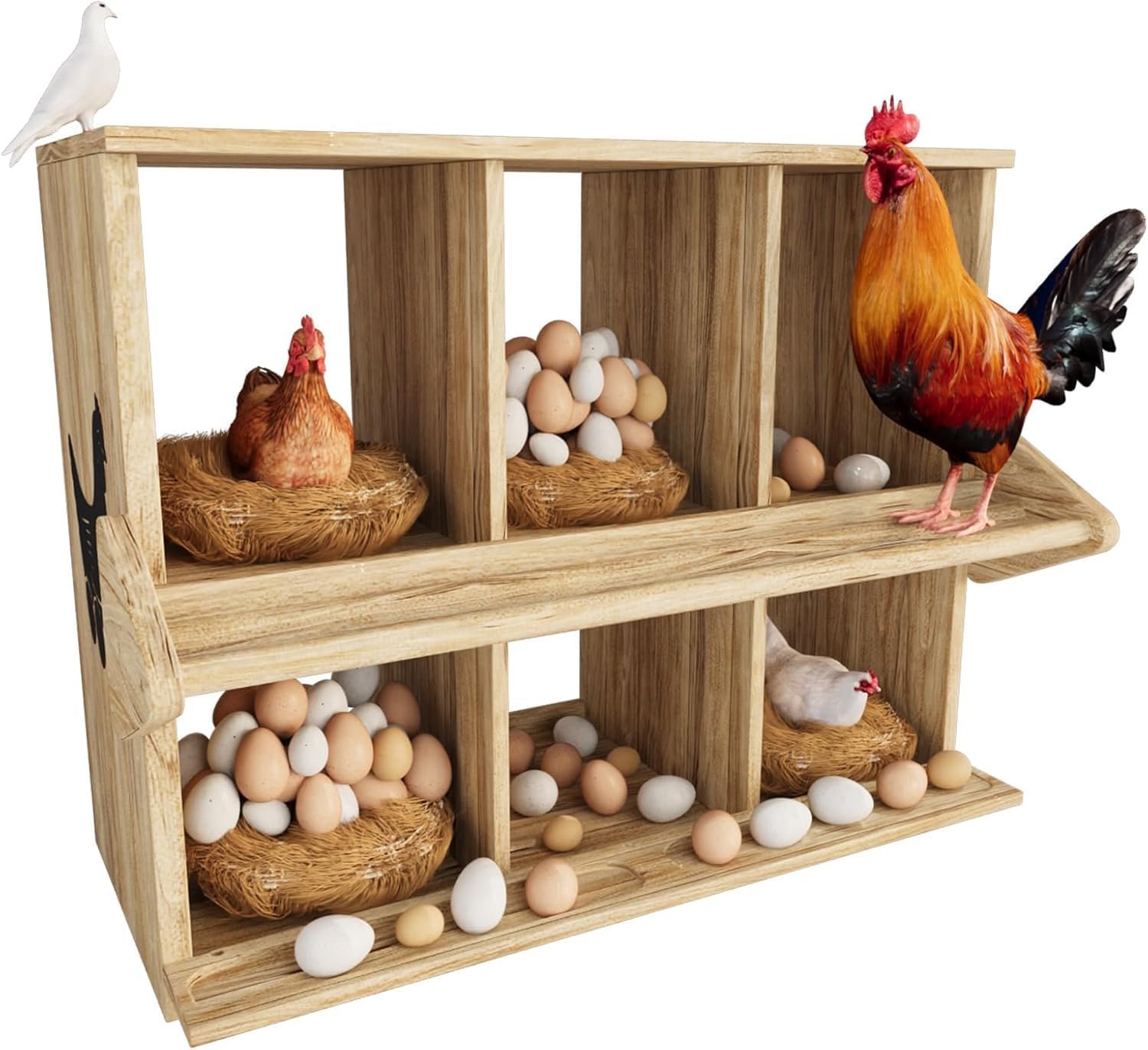 Chicken Nesting Box, 6 Compartment Wooden Nesting Boxes for Chickens with Perches, Floor/Stand/Wall Mount Large Chicken Nesting Boxes for Small & Medium Poultry