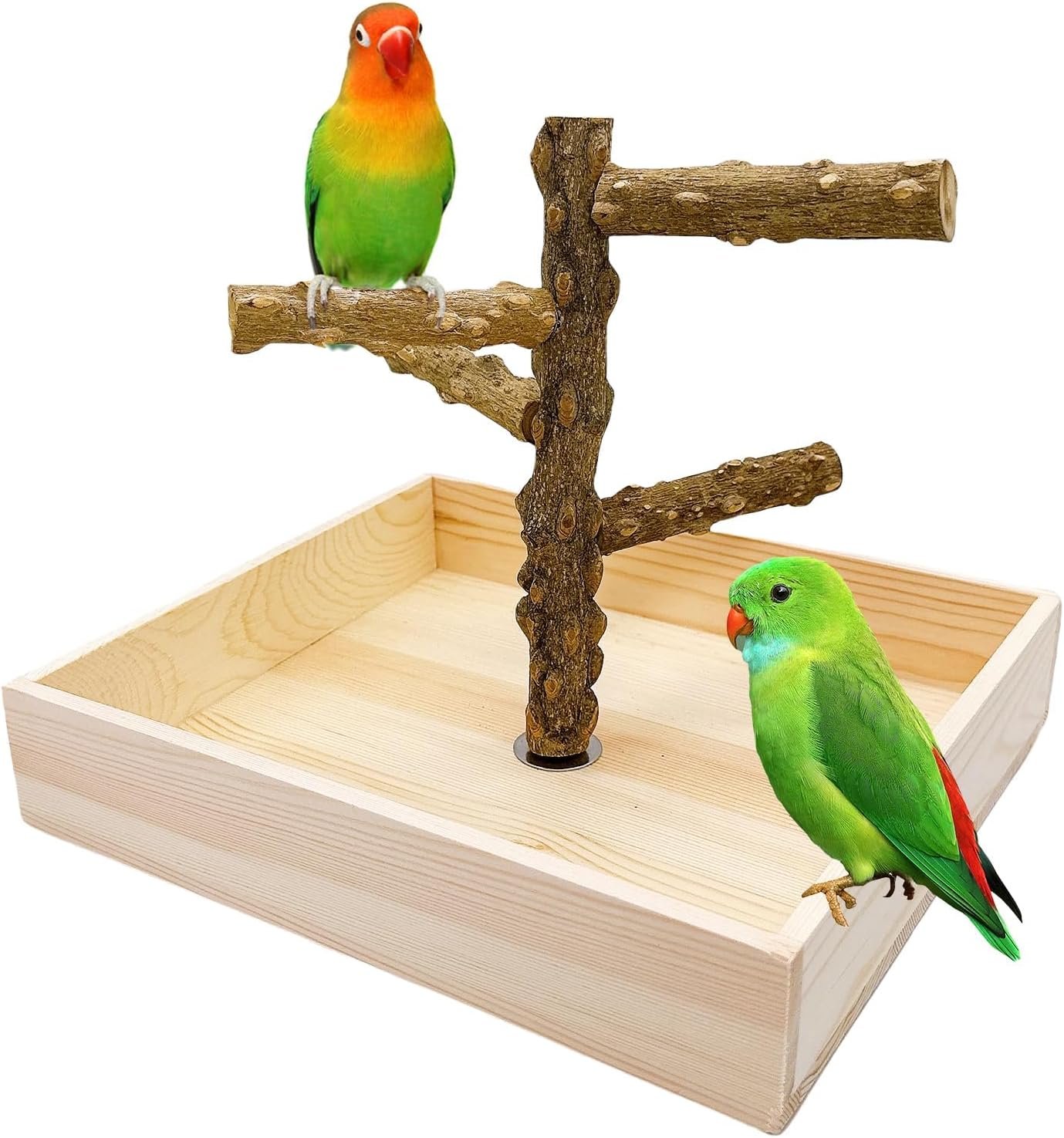 Natural Wood Bird Perch Stand Playground Parrot Toys Bird Cage Accessories | Portable Tabletop parrot perch with Potty Tray,Climbing Training Platform for Parakeets Lovebirds Canaries Cockatiels Conure