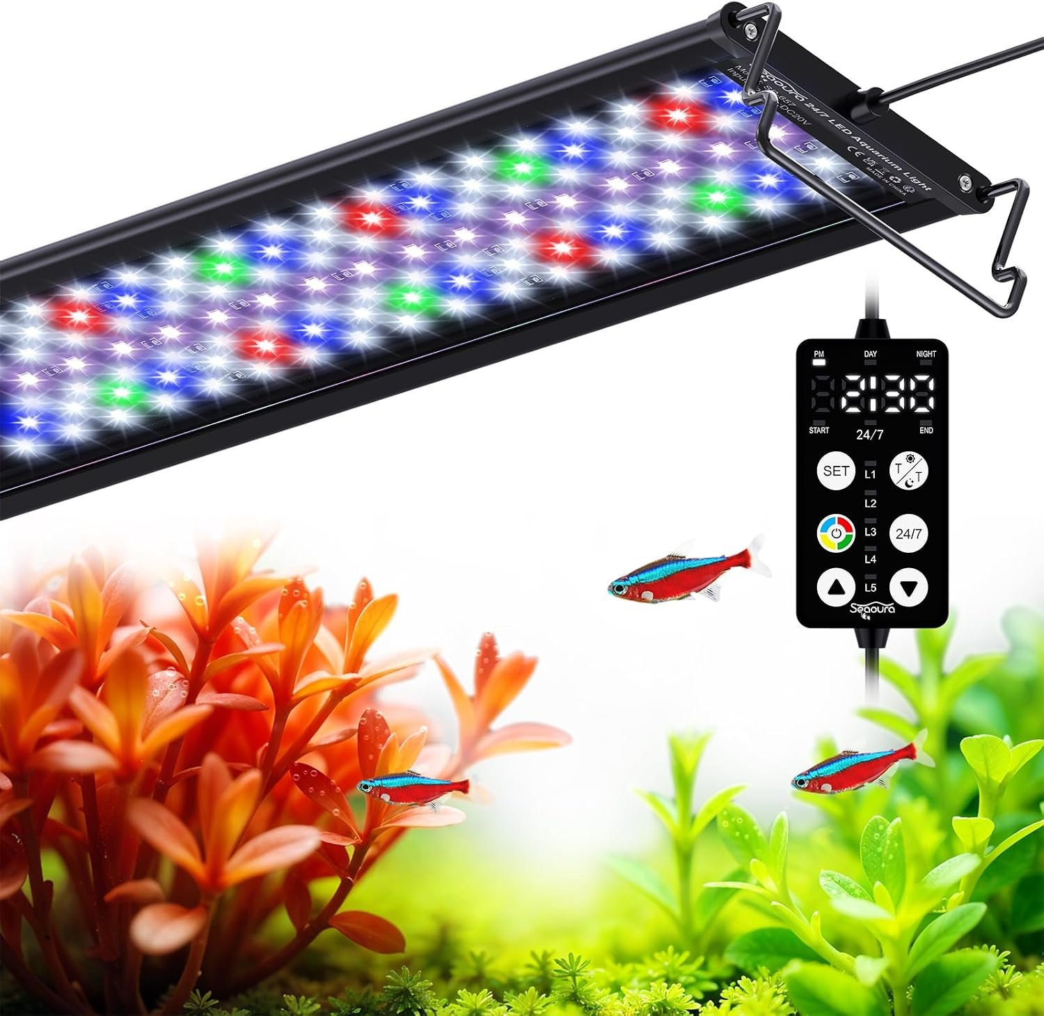 SEAOURA LED Aquarium Light with 24/7 Timer for 18-24in Fish Tank | high PAR LEDs for plant growth, 3 timers + memory, 20 dimming, 15min fade, adjustable brackets, slim aluminum