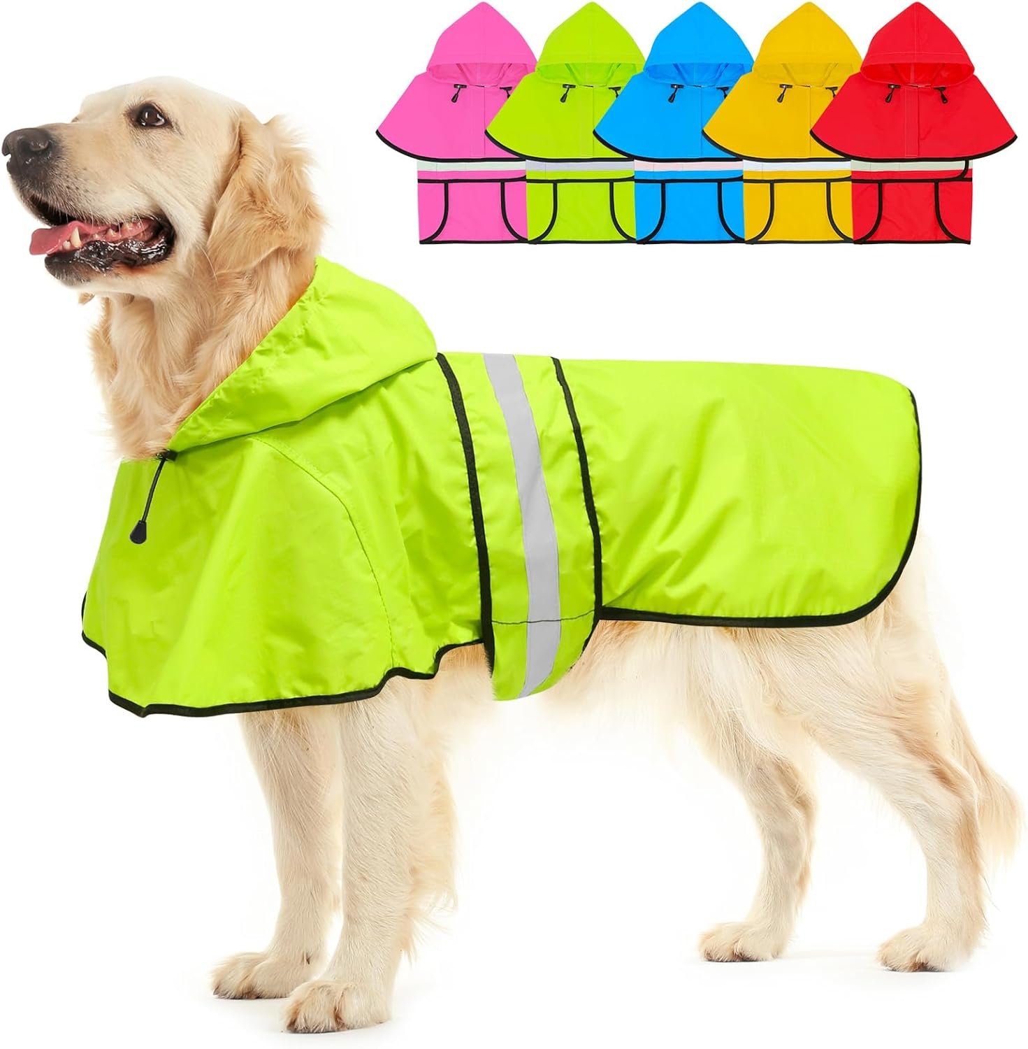 Hooded Dog Raincoat – Reflective Waterproof Rain Jacket for Small Medium Large Dogs, Lightweight with Adjustable Straps, Large, Green