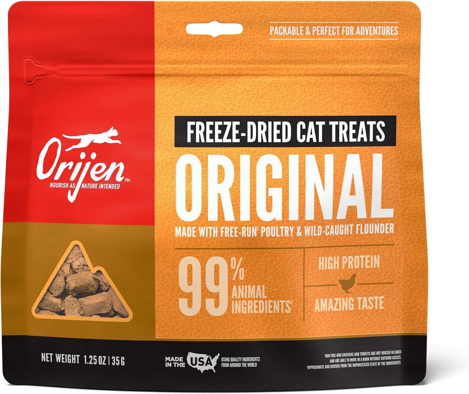 ORIJEN Freeze Dried Cat Treats Grain Free Original 1.25oz Bag | 99% Animal Ingredients, Freeze Dried, Grain Free, High Protein, Wild-Caught Fish, Free-Run Poultry, 1 Calorie Each