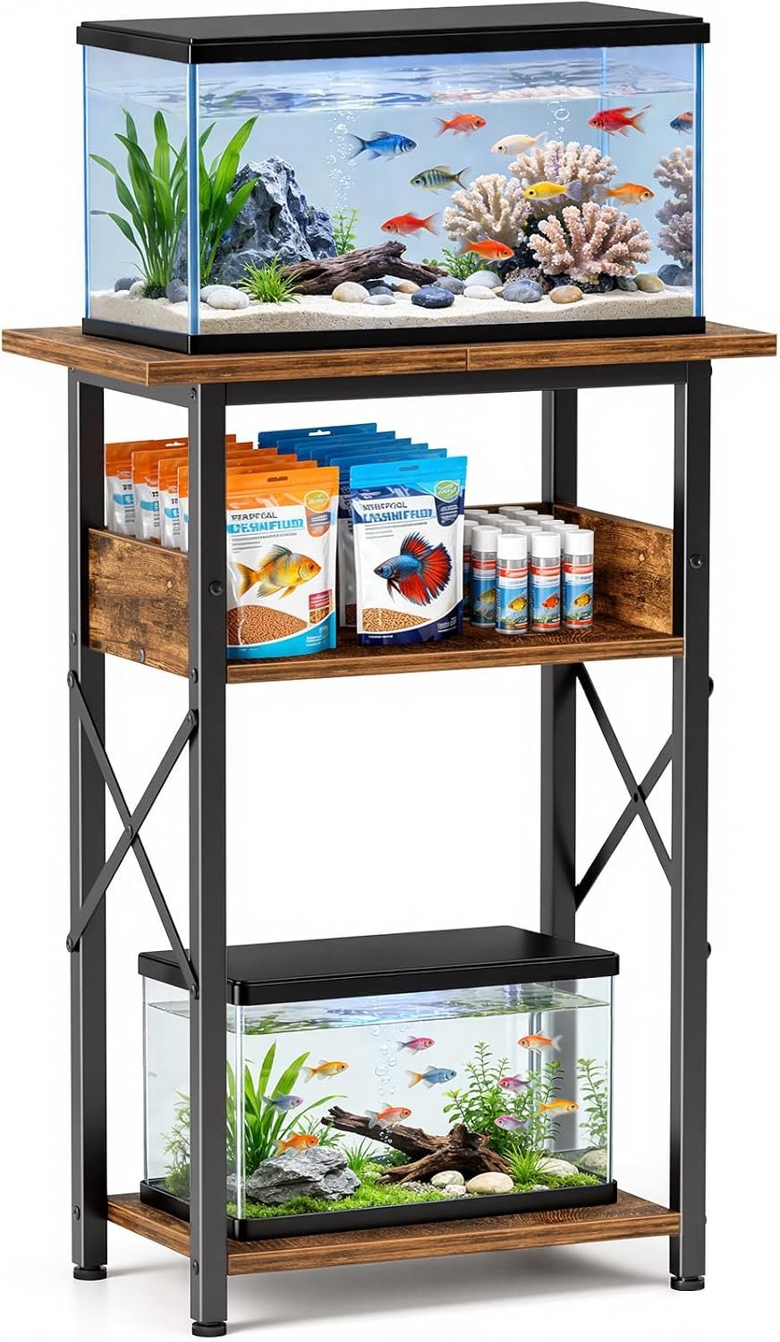 5-10 Gallon Fish Tank Stand with Storage Shelves, 3-Tier Aquarium Stand with Rust-Proof Metal Frame, Heavy Duty Waterproof Reptile Turtle Tank Stand for Home Office Up to 150LBS, 21.5″ L x 11.5″ W x 30″ H, Rustic Brown