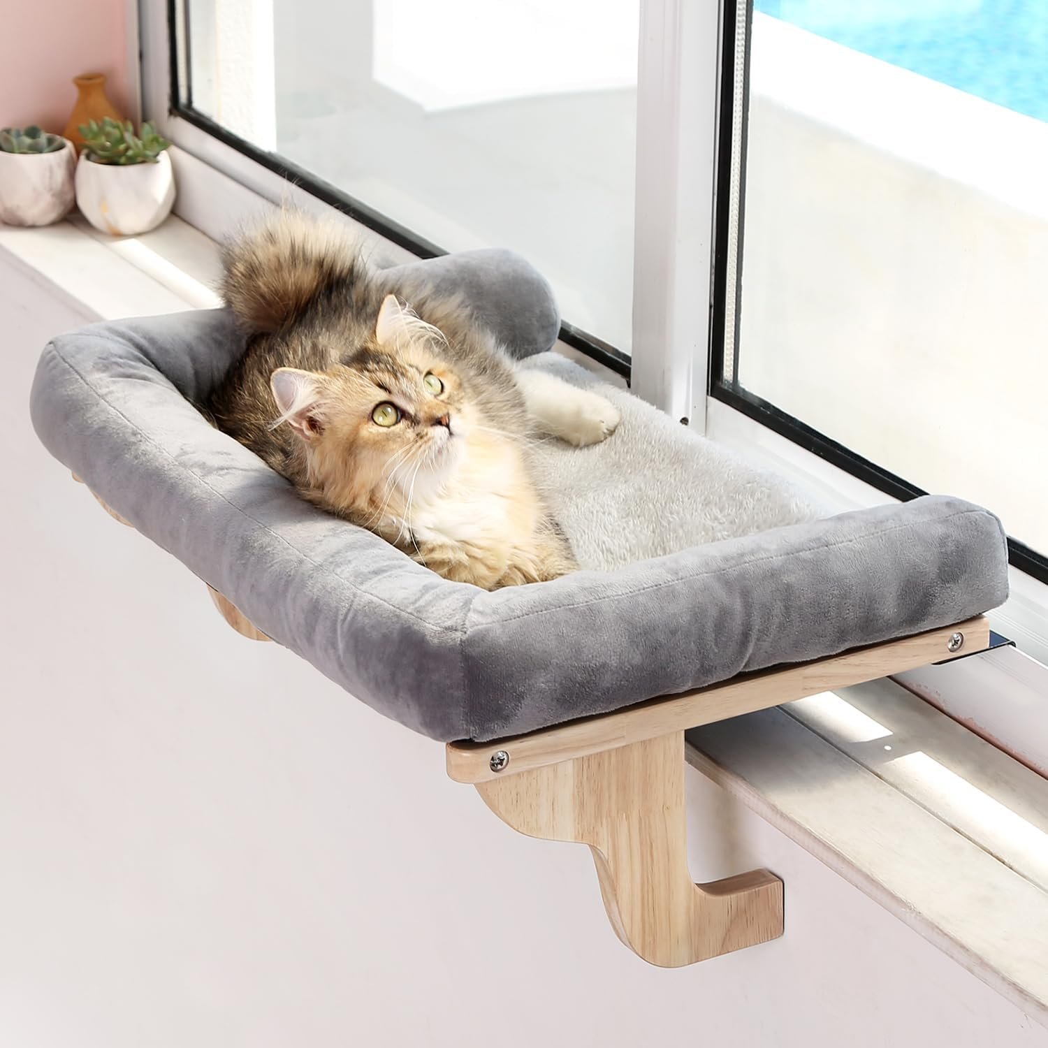 Zakkart Cat Perch for Window Sill with Bolster – Orthopedic Hammock Design with Premium Hardwood & Robust Metal Frame – Cat Window Seat for Large Cats – Natural Color Wood Gray Bed, 26.4”W