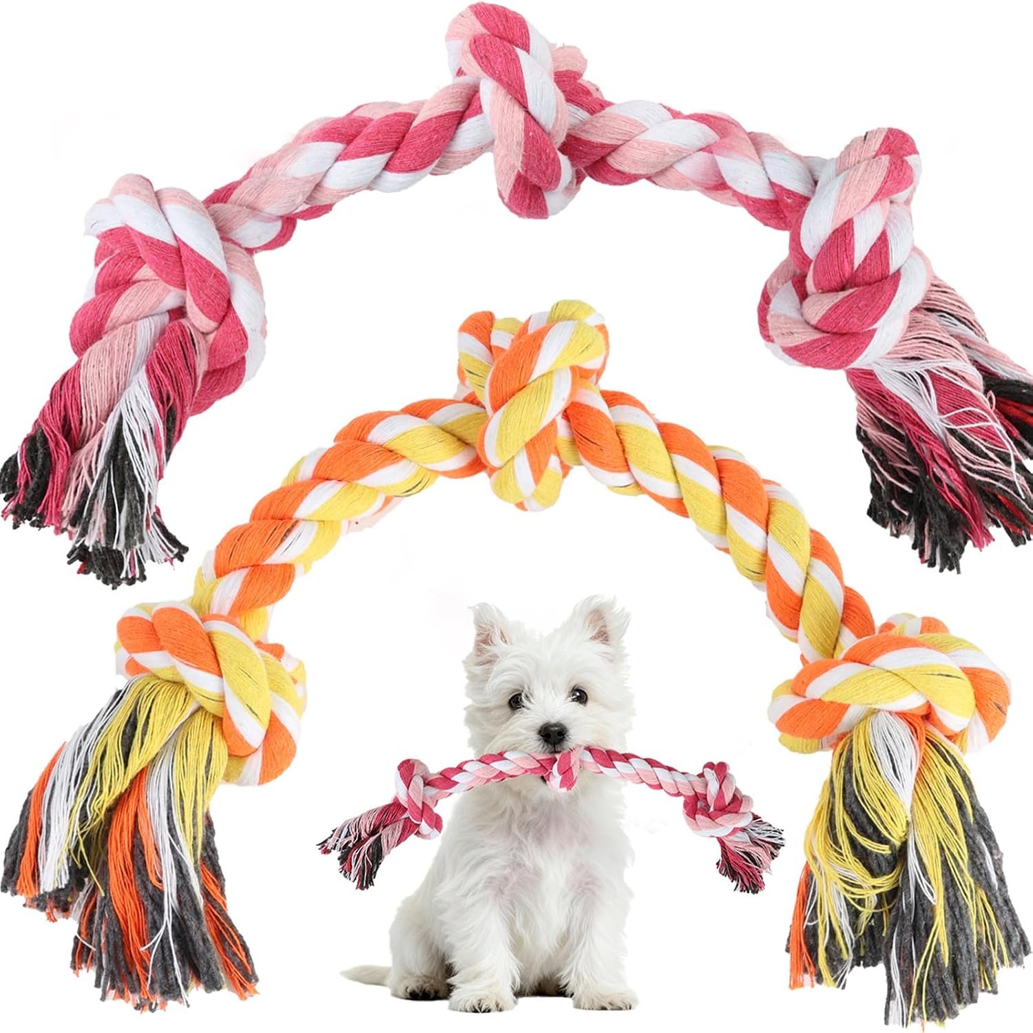 SZEE Dog Rope Toy 2-Pack, Rope Toys for Dogs, Suitable for Small Breeds | 3 Knots 14 inches, Energy Release, Boredom Relief and Teeth Cleaning (Pink & Orange)