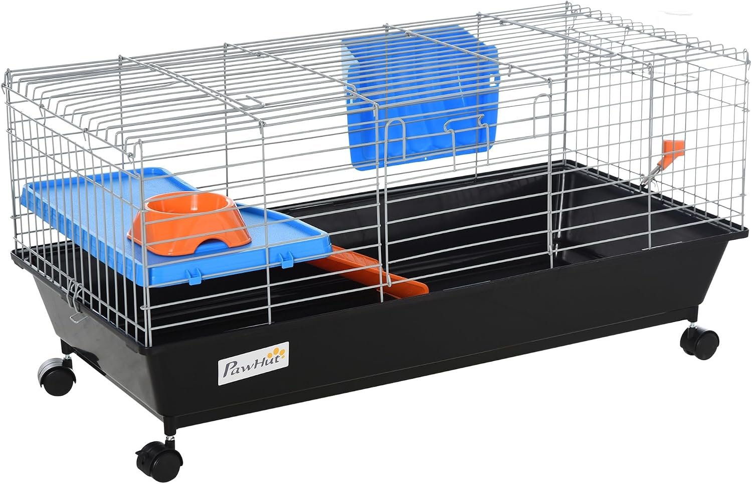PawHut 35″ L Small Animal Cage Rolling Guinea Pig Cage for Chinchilla Black | Bunny Hutch, Food Dish, Water Bottle, Hay Feeder, Platform, Ramp